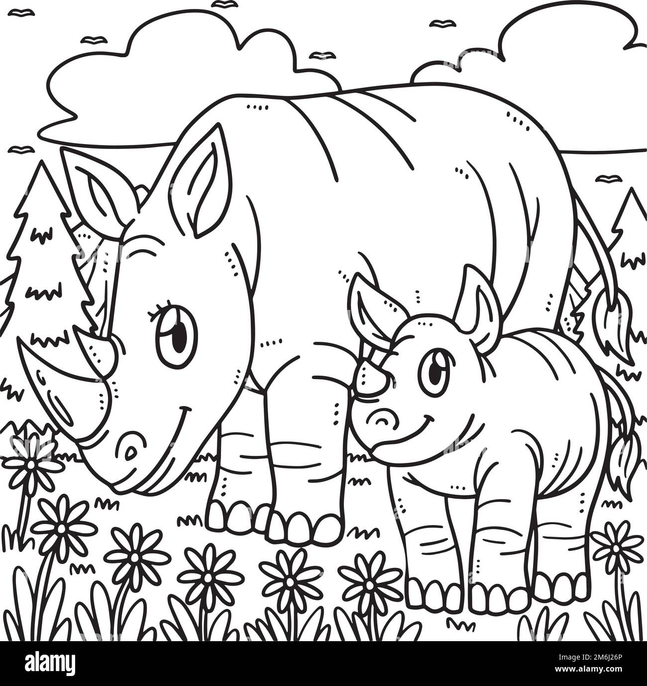 Mother Rhino And Baby Rhino Coloring Page For Kids Stock Vector Image Art Alamy