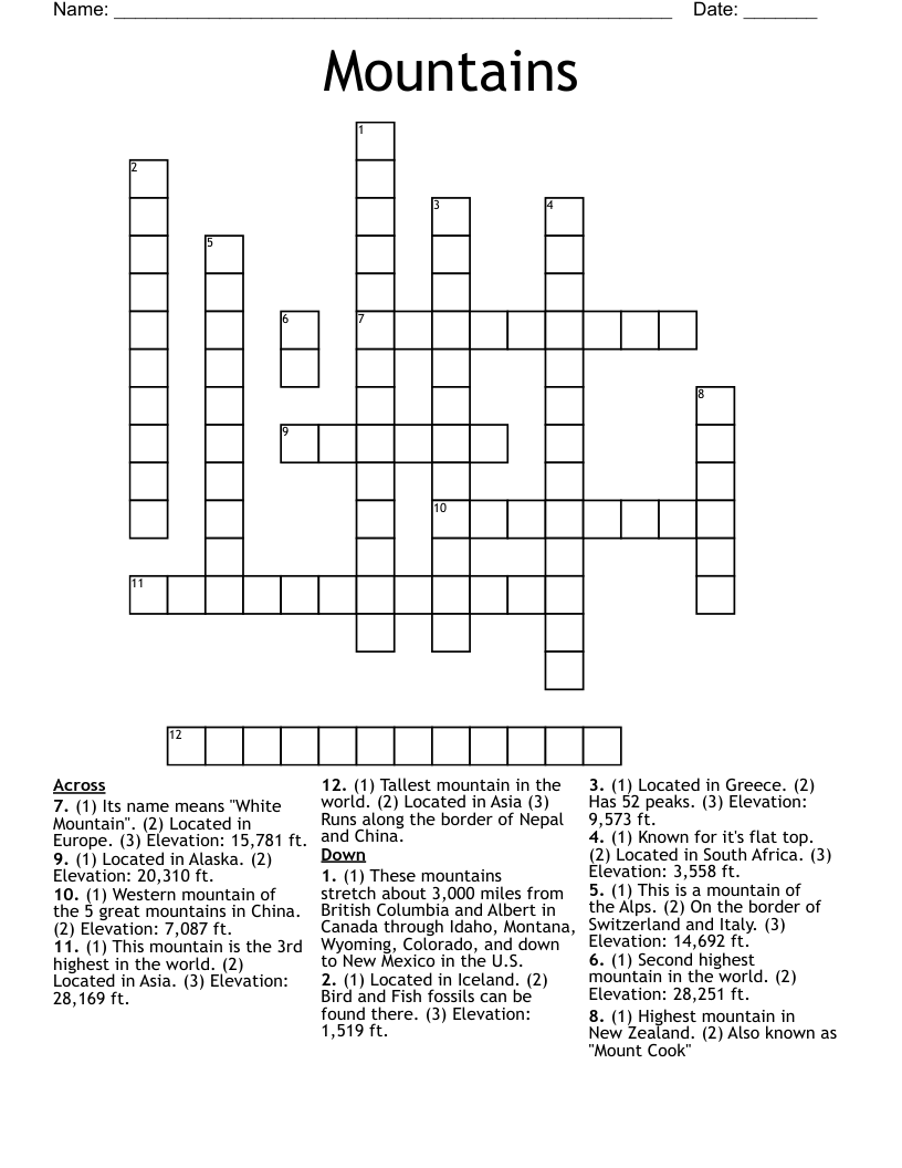 Mountains Crossword WordMint