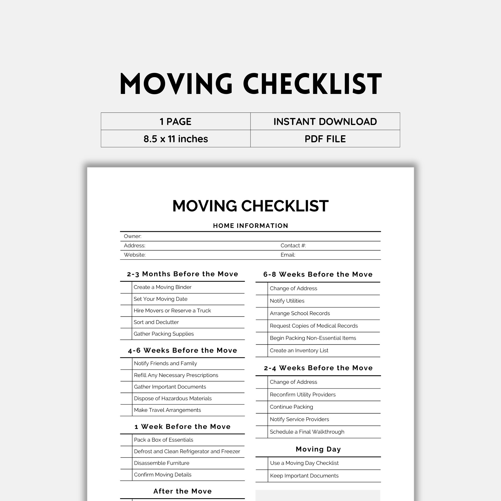 Moving Checklist Moving Planner Moving Printable Moving List Realtor Moving Guide Moving Day Moving To Do List To Do Template PDF Etsy