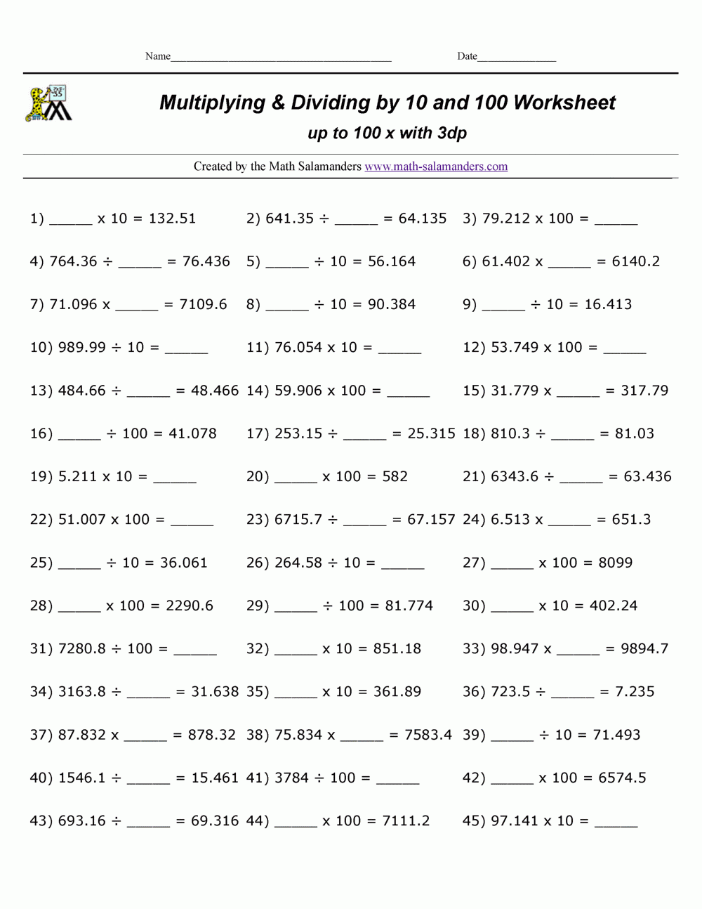 decimal multiplication and division worksheet