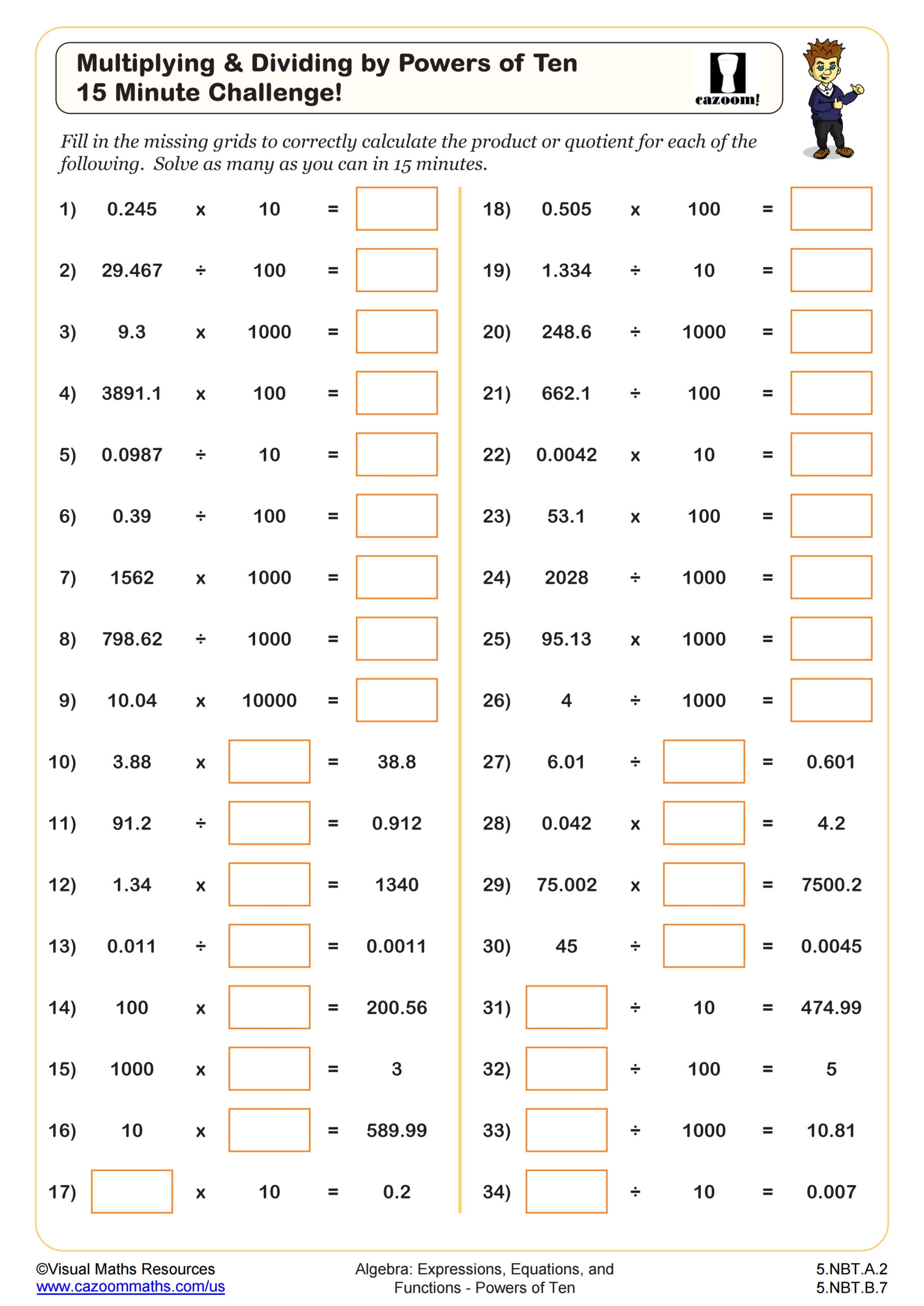 Multiplying And Dividing By Powers Of Ten 15 Minute Challenge Worksheet PDF Printable Algebra Worksheet Cazoom Math