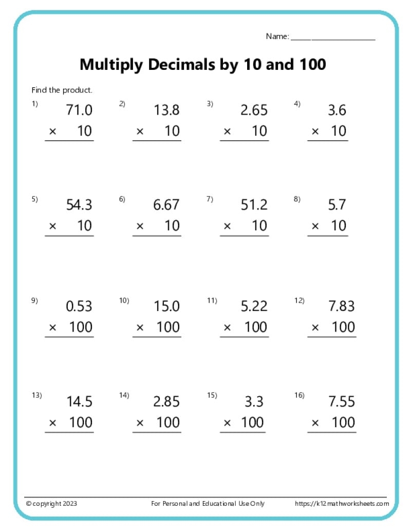 Multiplying Decimals Worksheets