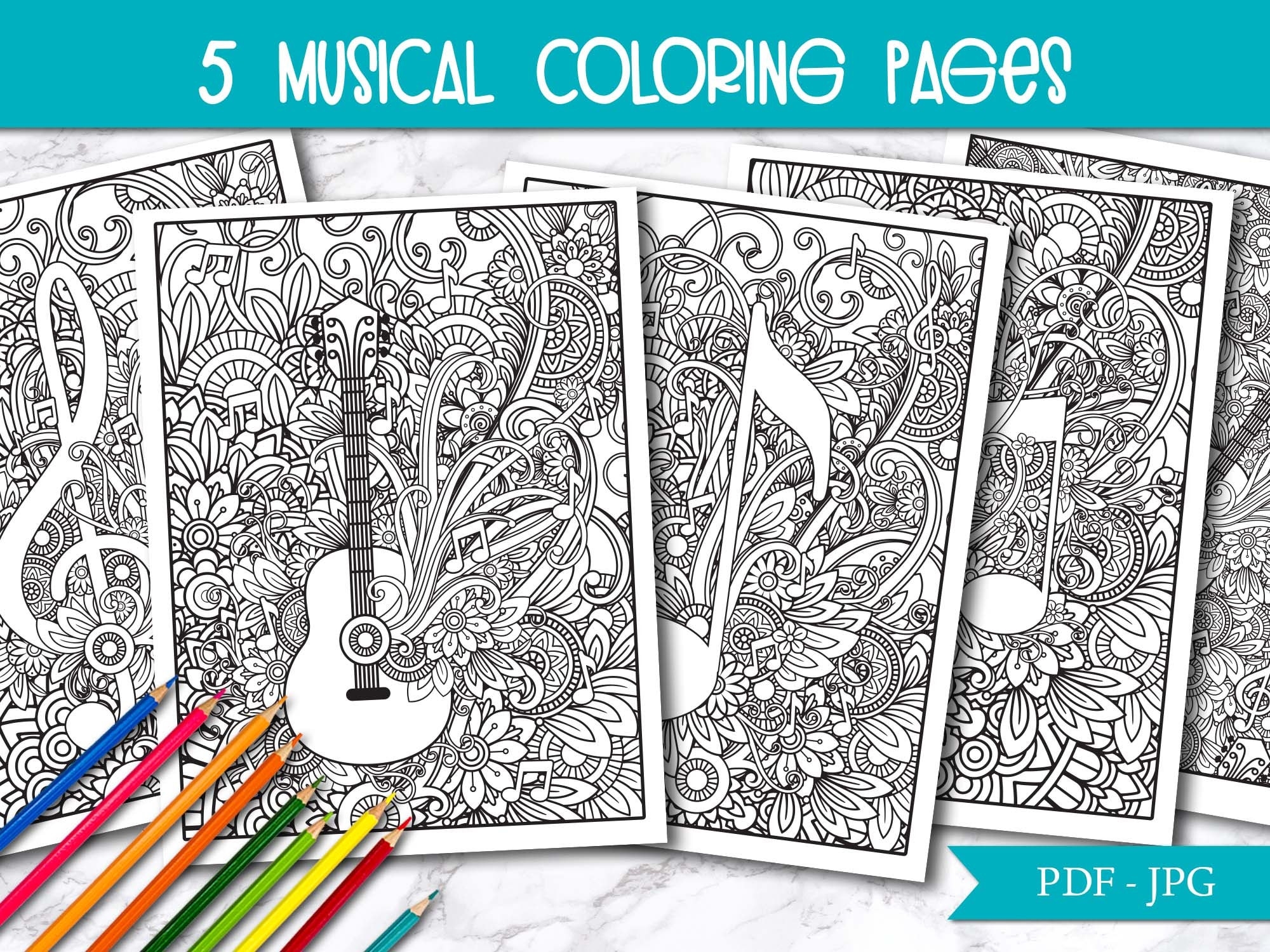 Music Coloring Pages For Adults 5 Printable Floral Coloring Pages Instant Download Etsy