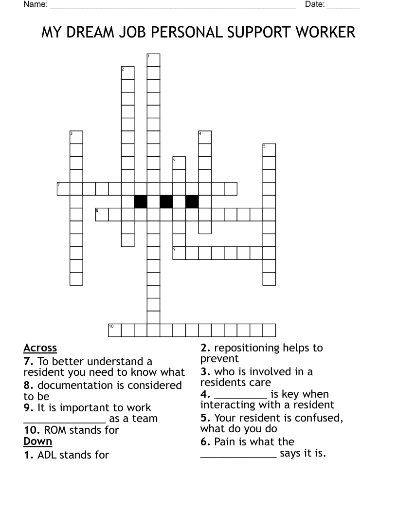 MY DREAM JOB PERSONAL SUPPORT WORKER Crossword WordMint