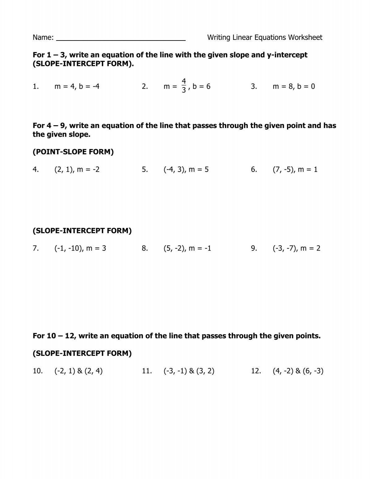 Name Writing Linear Equations Worksheet For 1 3 Write An 