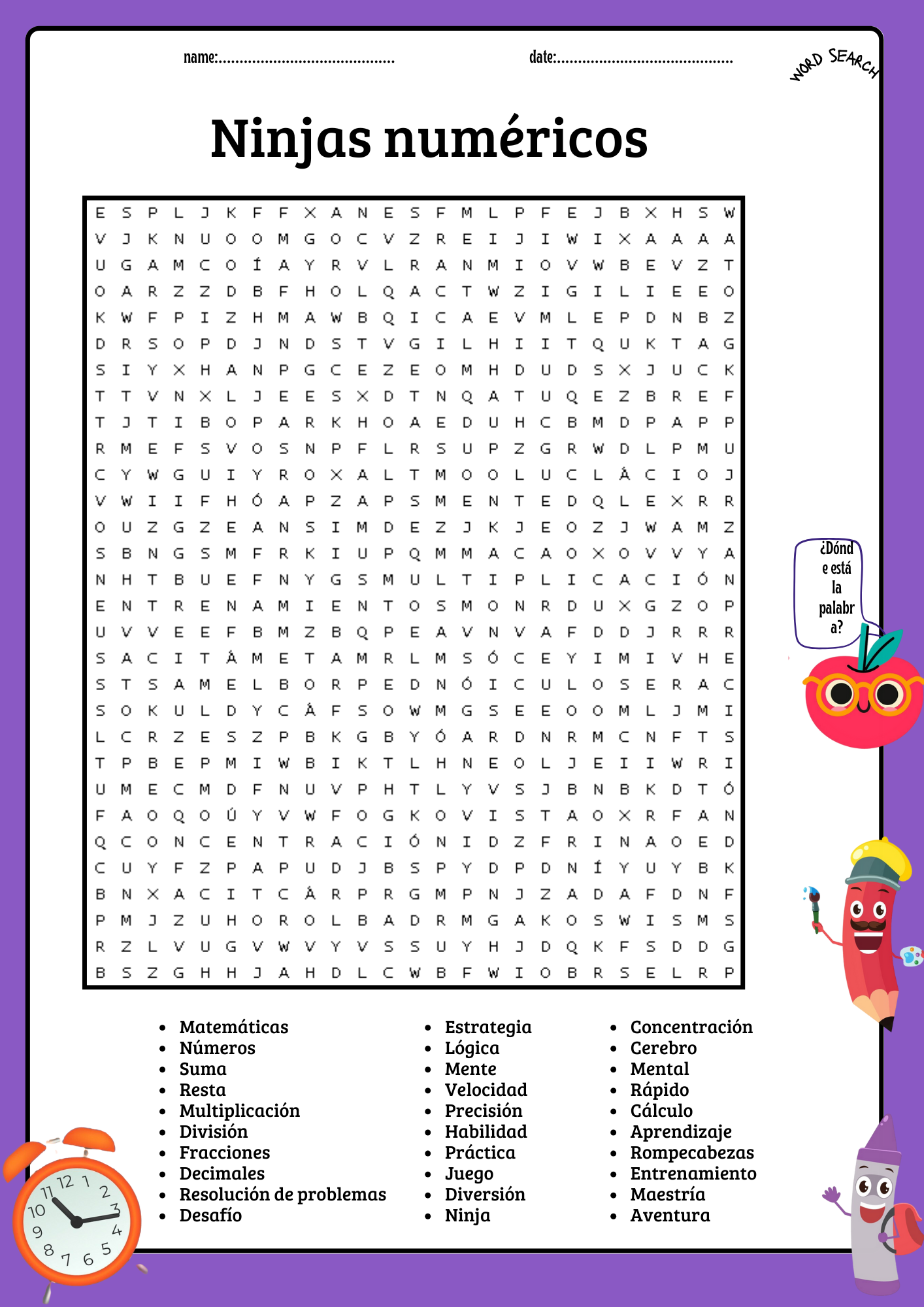 Number Ninjas Word Search Puzzle In Spanish Worksheet Answer Key Made By Teachers