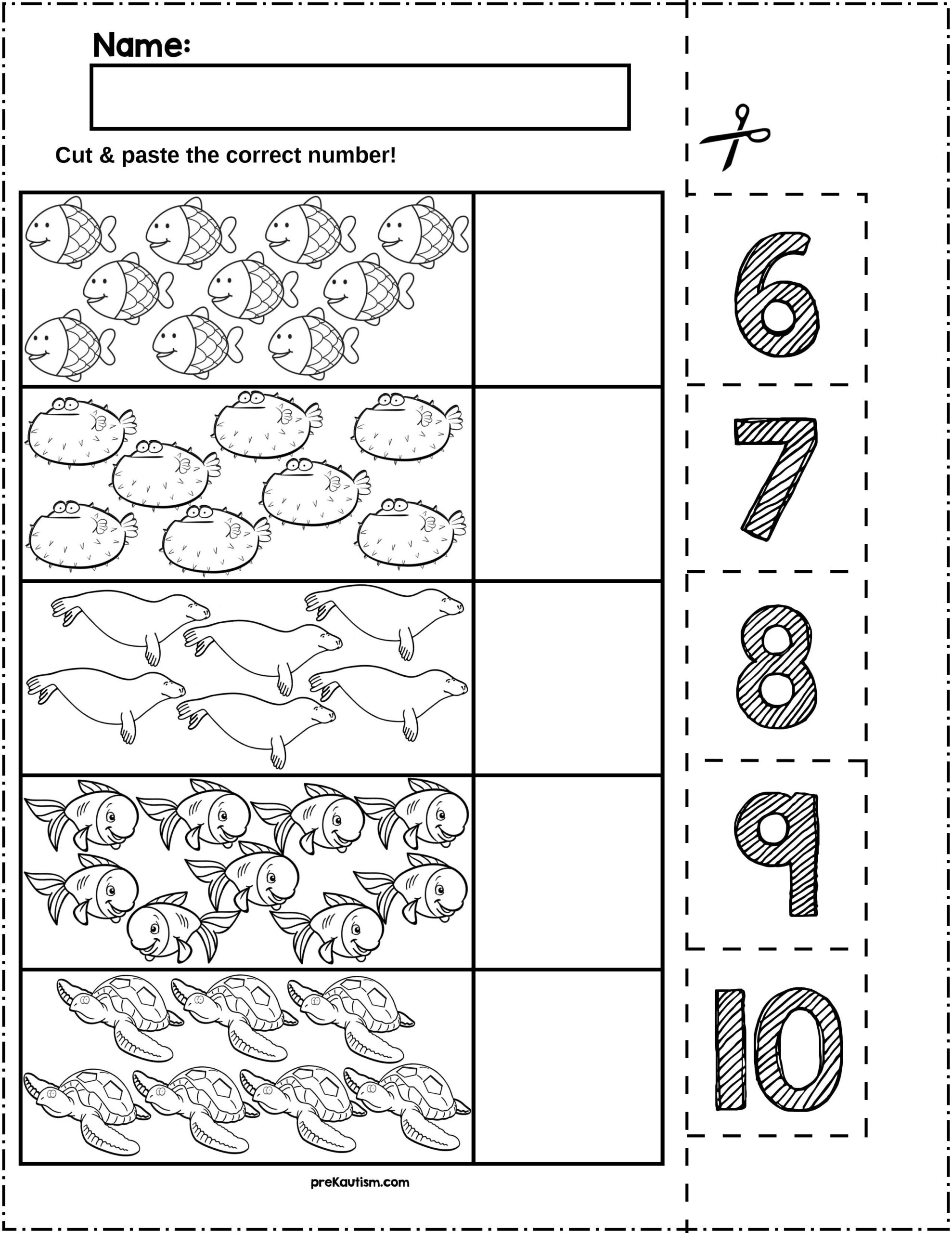 Ocean Animals Cut Match Worksheets Numbers 6 10 By PreKautism