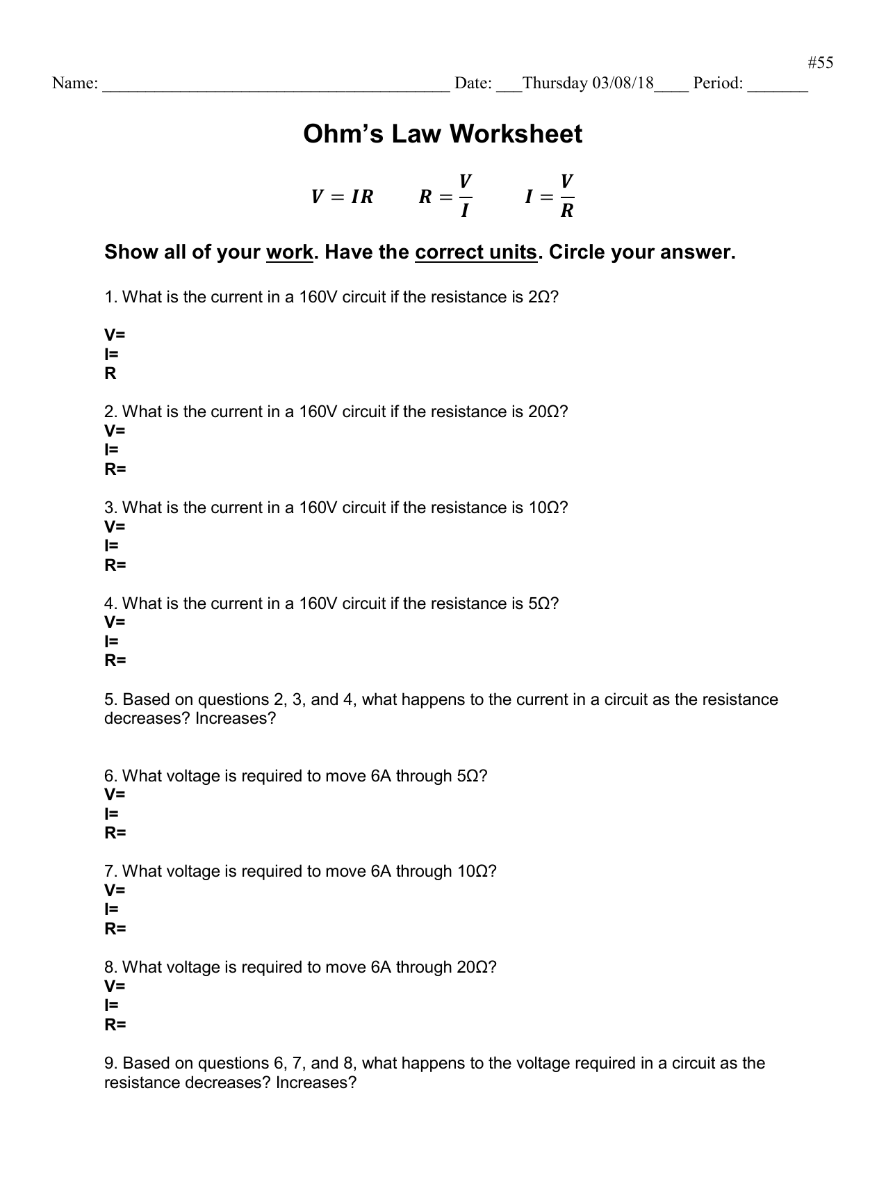 Ohm s Law Worksheet Practice Problems Solutions Ohm s Law Worksheet Practice Problems Solutions