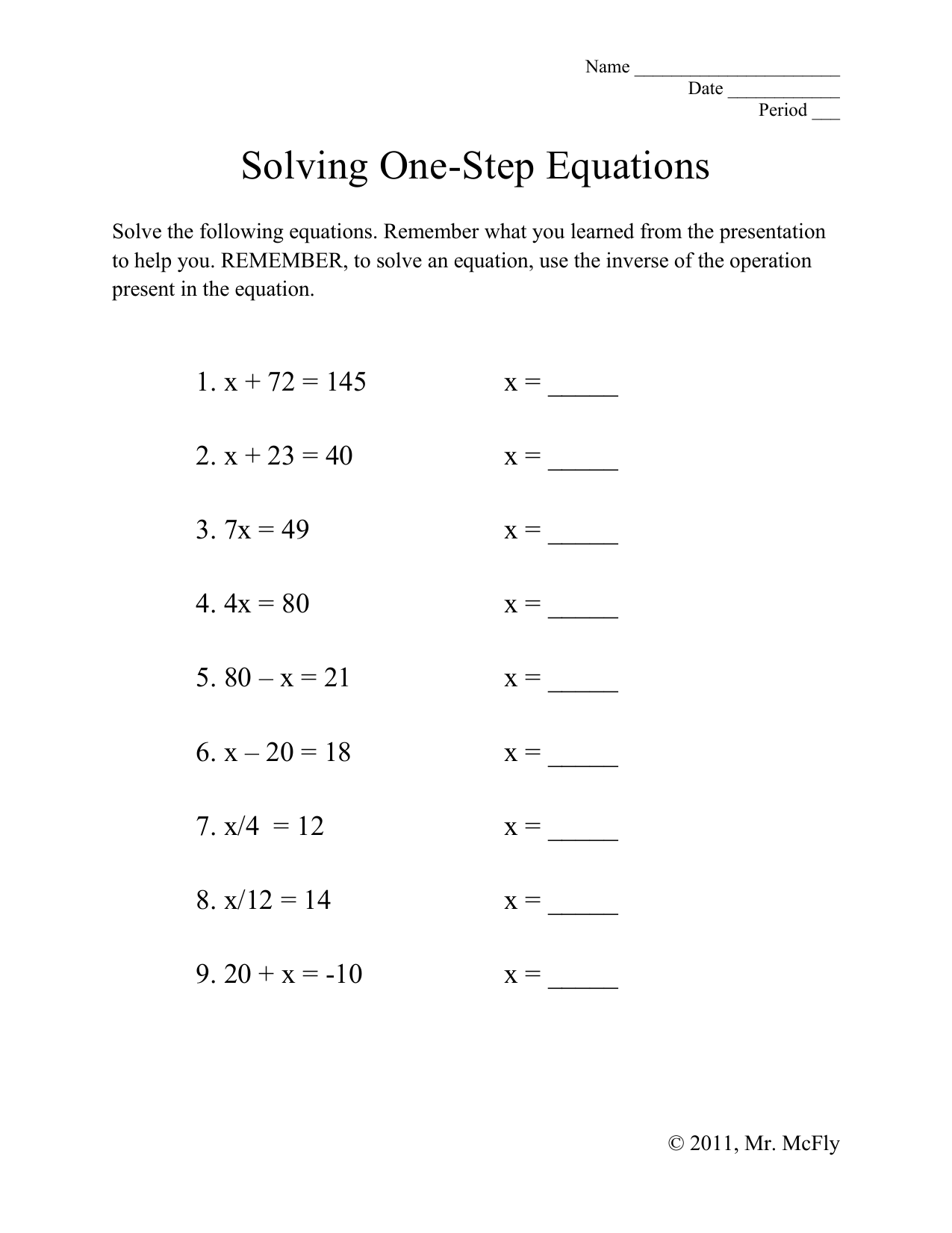 1 step equations worksheet