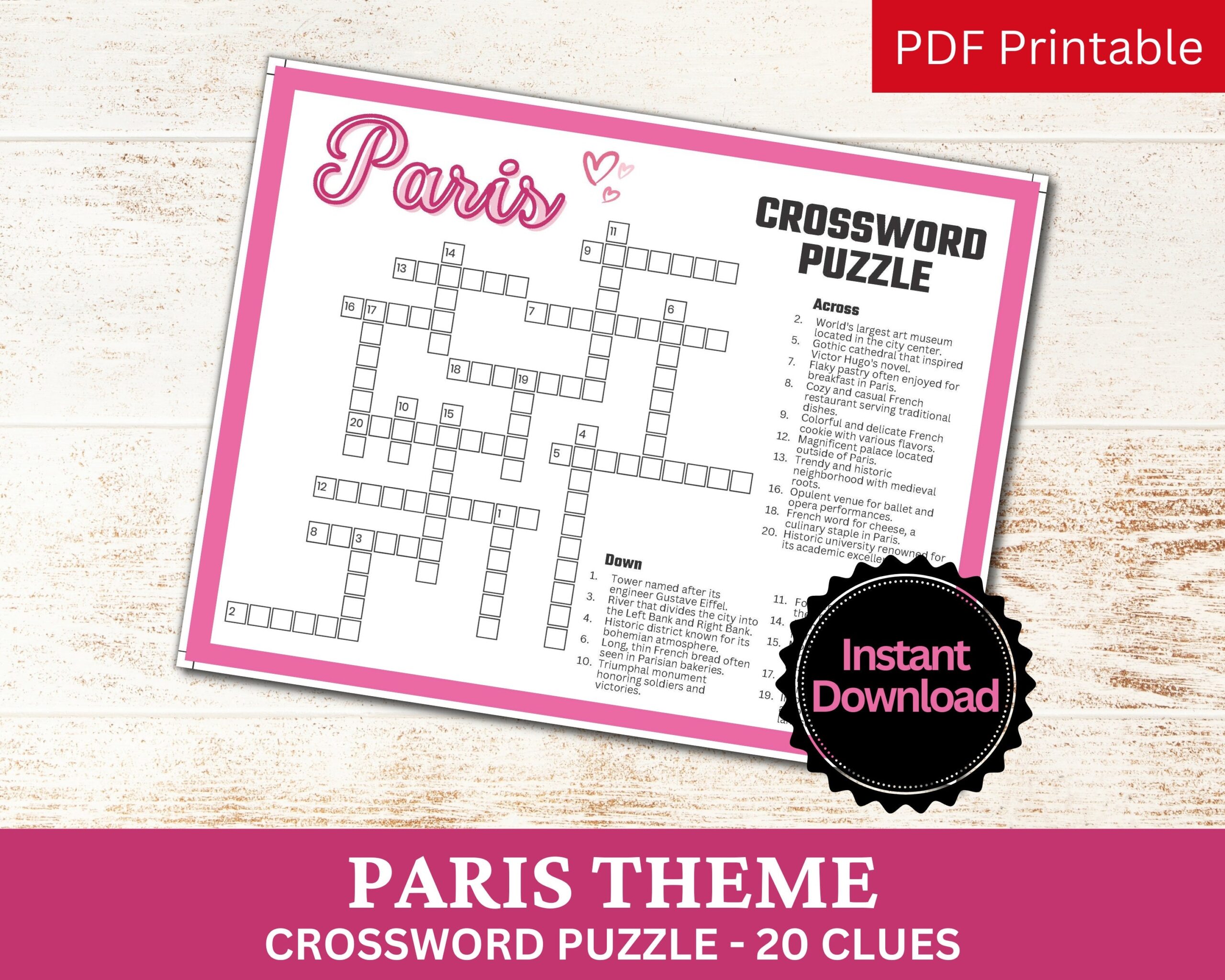 Paris Crossword Puzzle Printable Game Fun Travel Theme Birthday Activity Love France City French Gathering Word Game PDF Parisian Party Etsy
