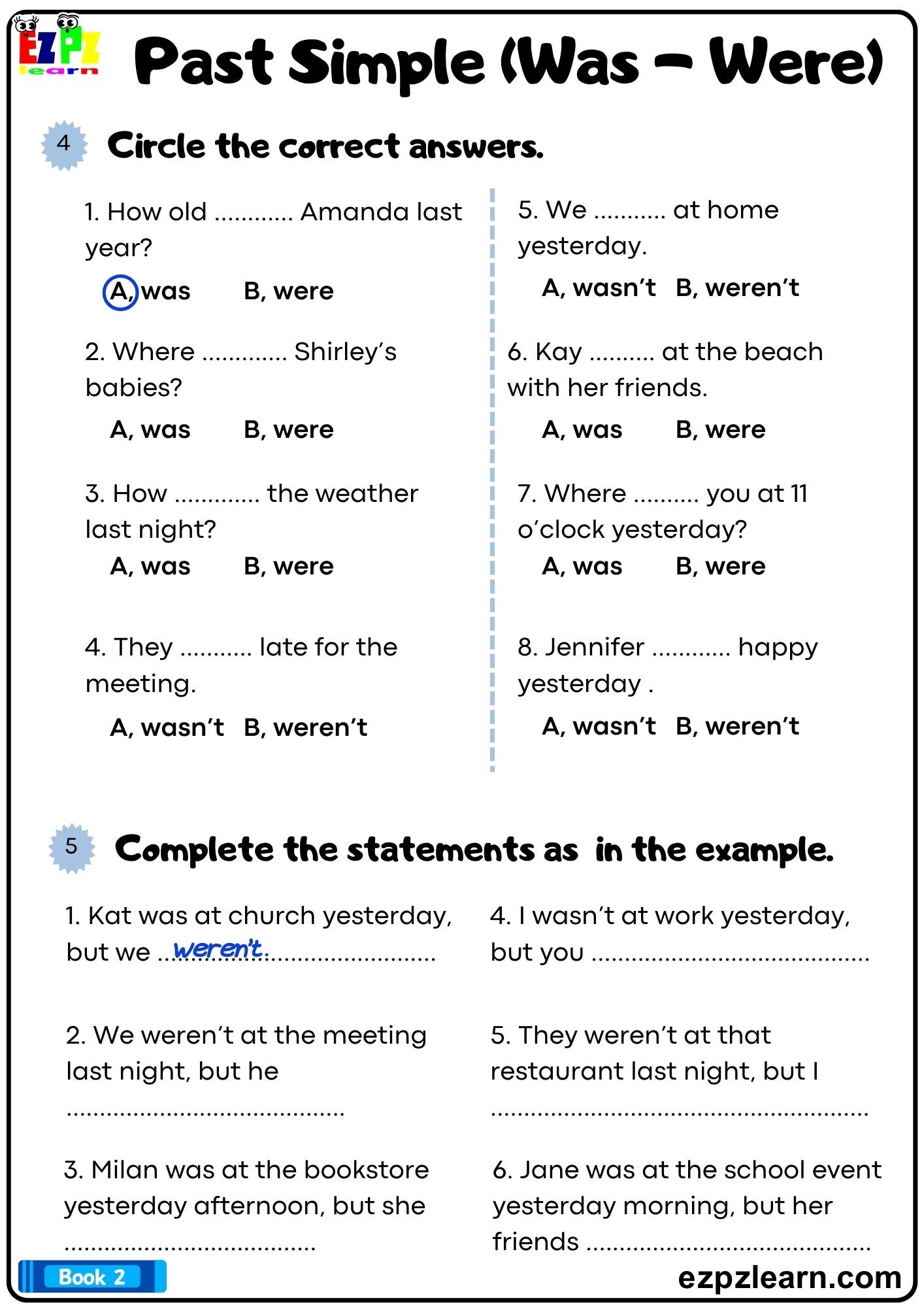 Past Simple Tense Was And Were Circle The Correct Answers Grammar Worksheet Bk1 Downloadable PDF Ezpzlearn