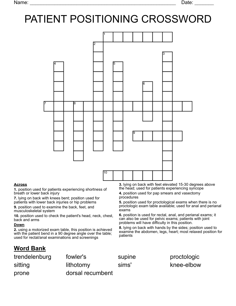 PATIENT POSITIONING CROSSWORD WordMint