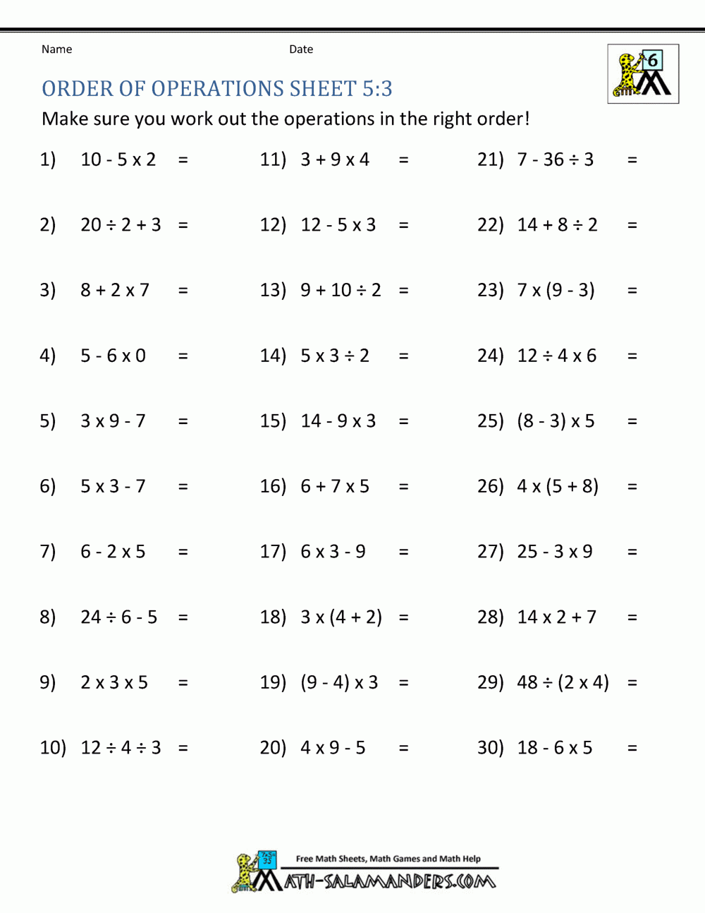 PEMDAS Problems Worksheets 5th Grade PEMDAS Problems Worksheets 5th Grade
