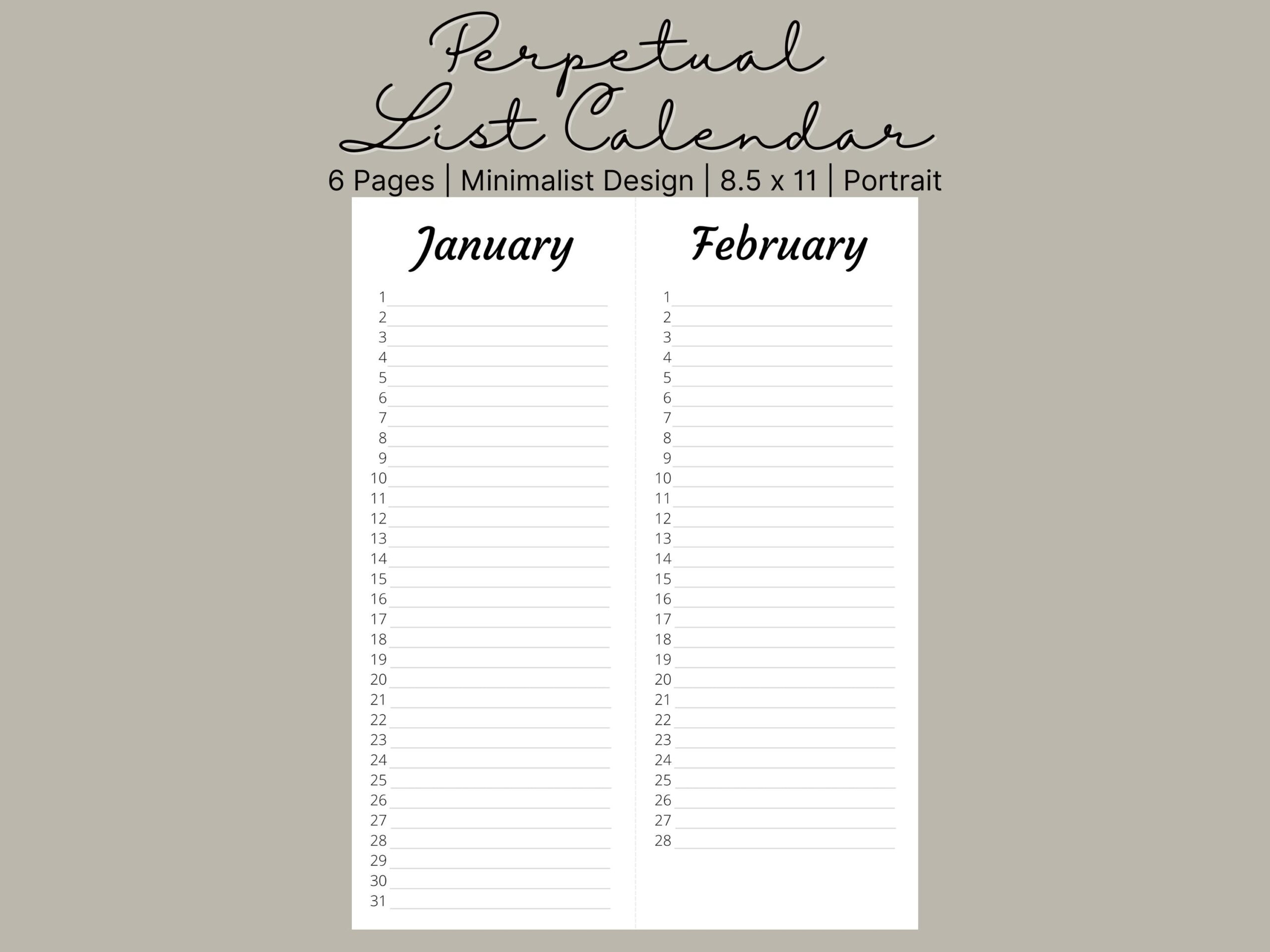 Perpetual List Calendar Printable Minimalist Monthly Planner Instant Download For Birthdays Events Year round Organizer Etsy