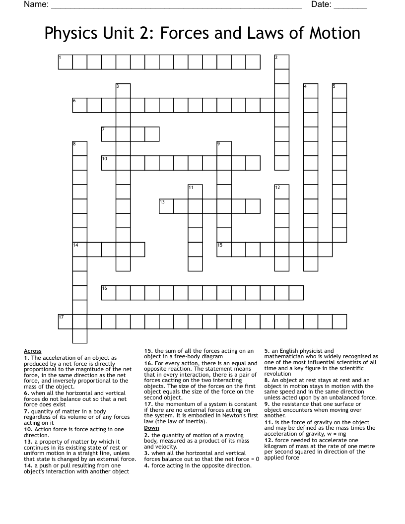 Physics Unit 2 Forces And Laws Of Motion Crossword WordMint Physics Unit 2 Forces And Laws Of Motion Crossword WordMint