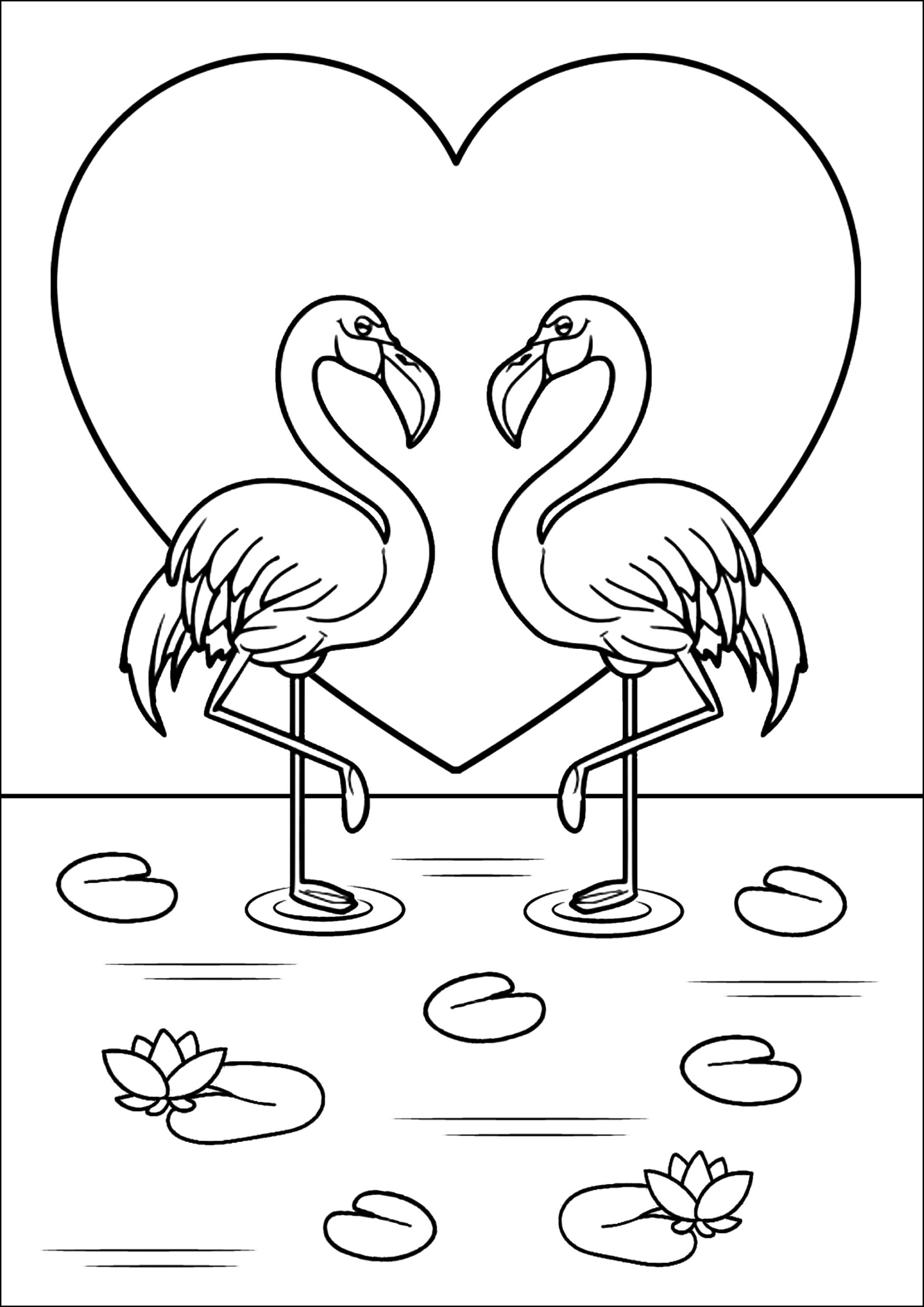 Pink Flamingos With Pretty Heart In Background Flamingos Coloring Pages