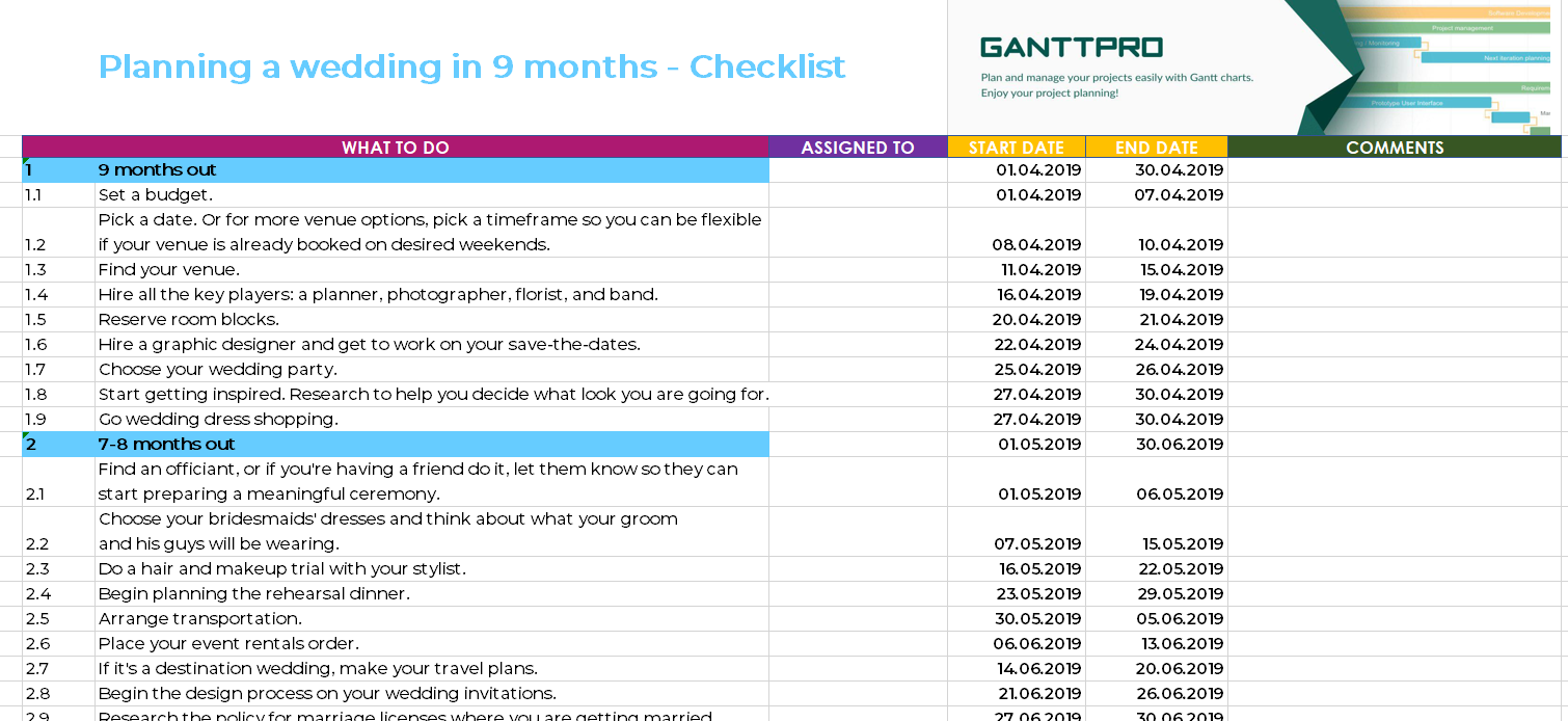 Planning A Wedding In 9 Months Checklist Excel Template Free Download