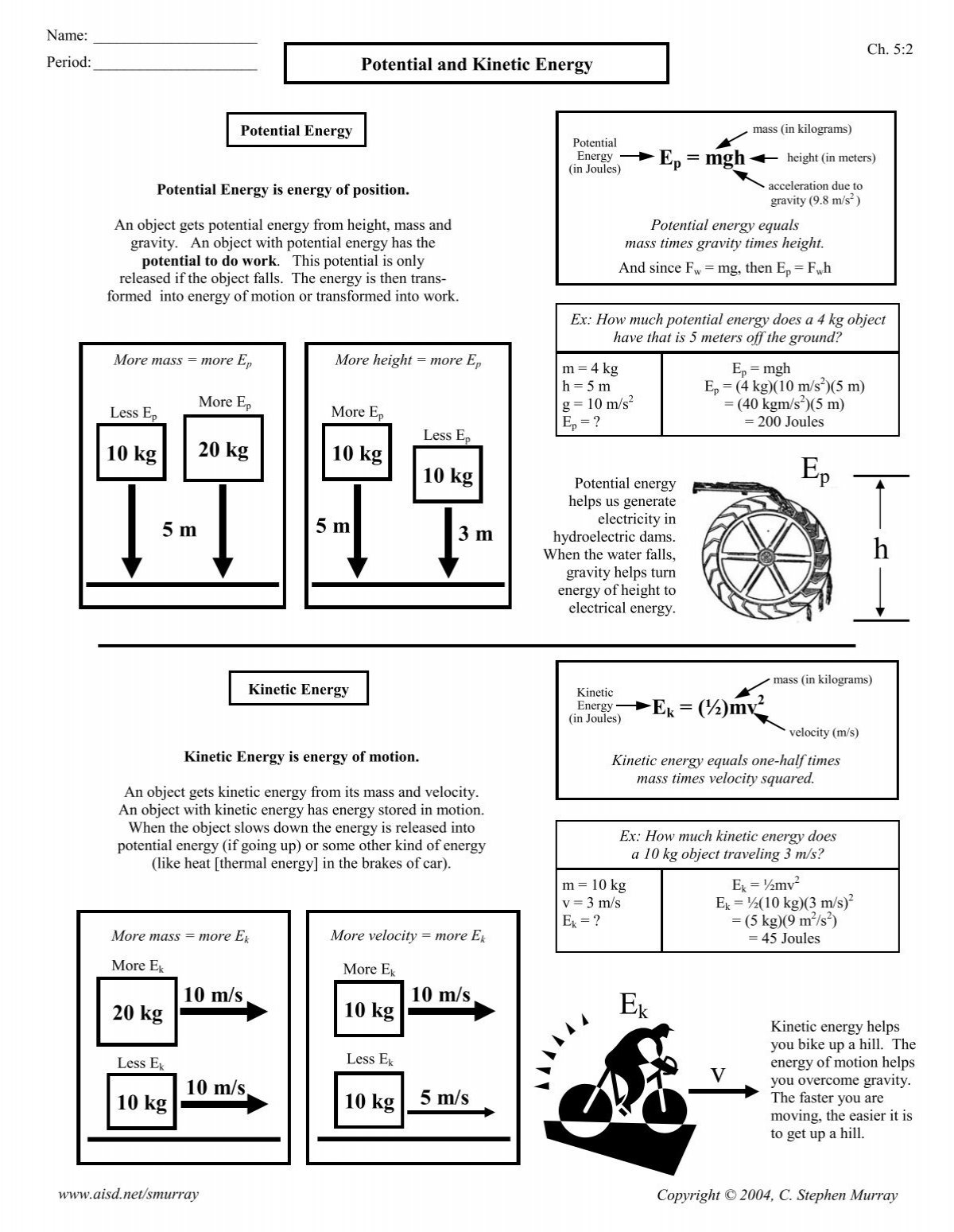 potential and kinetic energy worksheet