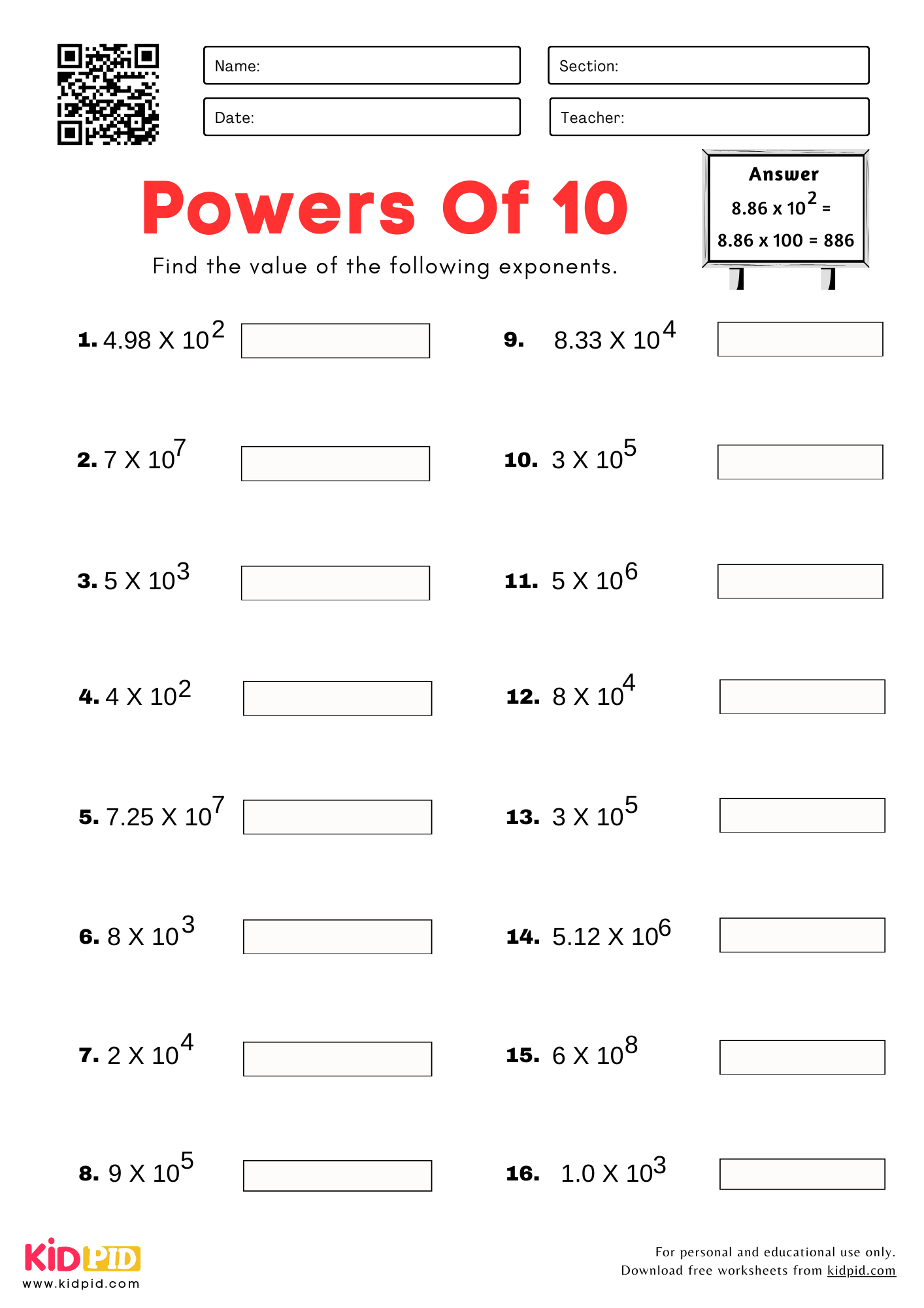 powers of 10 worksheets
