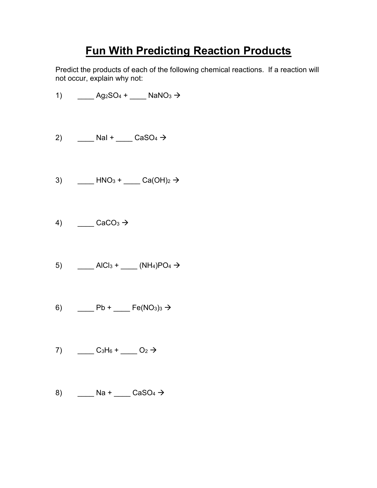 Predicting Chemical Reaction Products Worksheet Predicting Chemical Reaction Products Worksheet