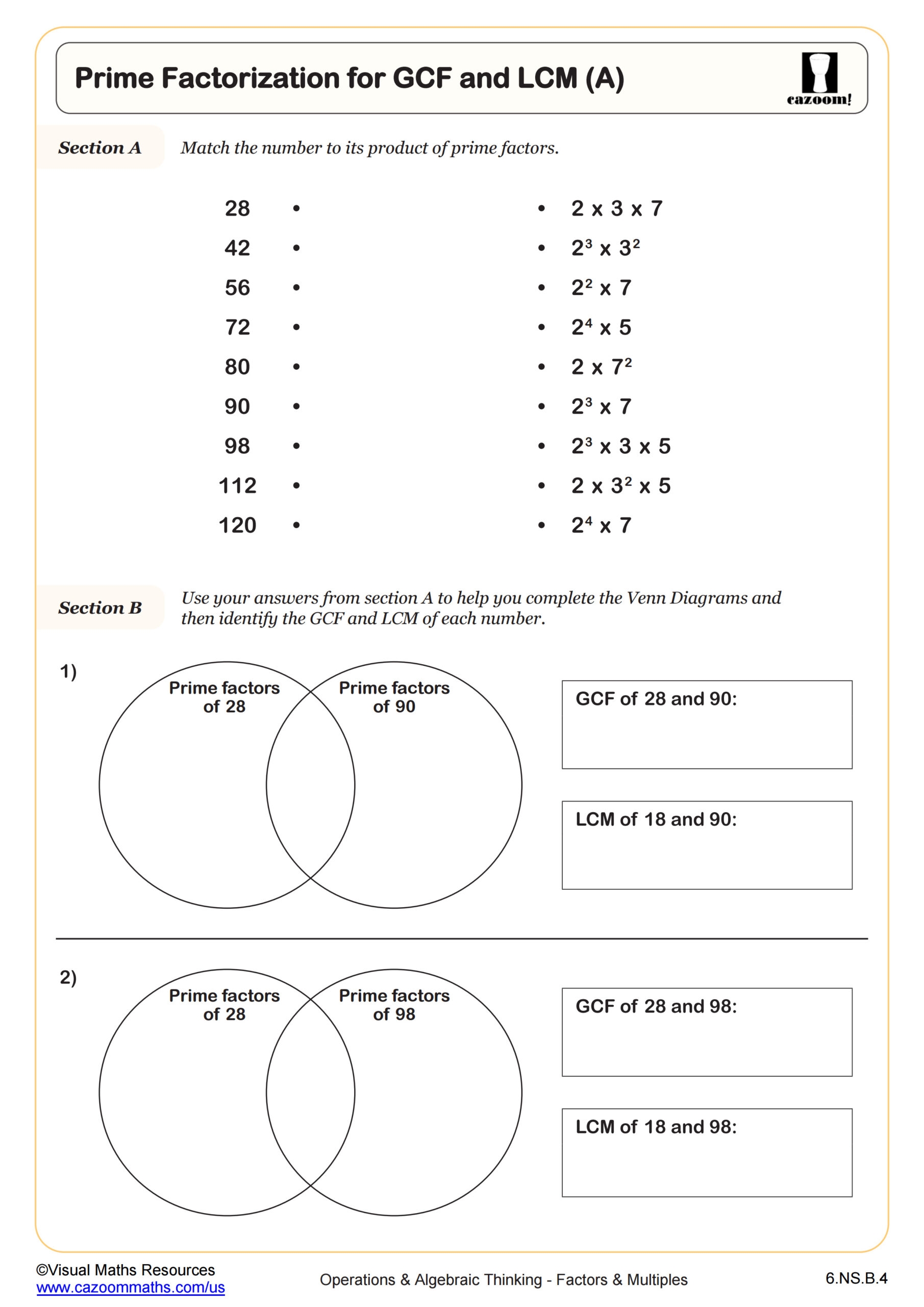 Prime Factorization For GCF And LCM A Worksheet PDF Printable Operations Algebraic Thinking Worksheet Cazoom Math Prime Factorization For GCF And LCM A Worksheet PDF Printable Operations Algebraic Thinking Worksheet Cazoom Math