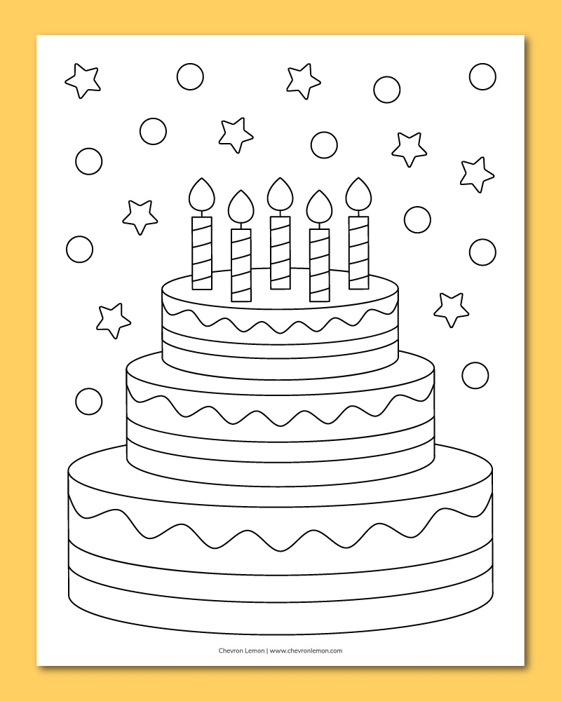Printable Birthday Cake Coloring Page Chevron Lemon