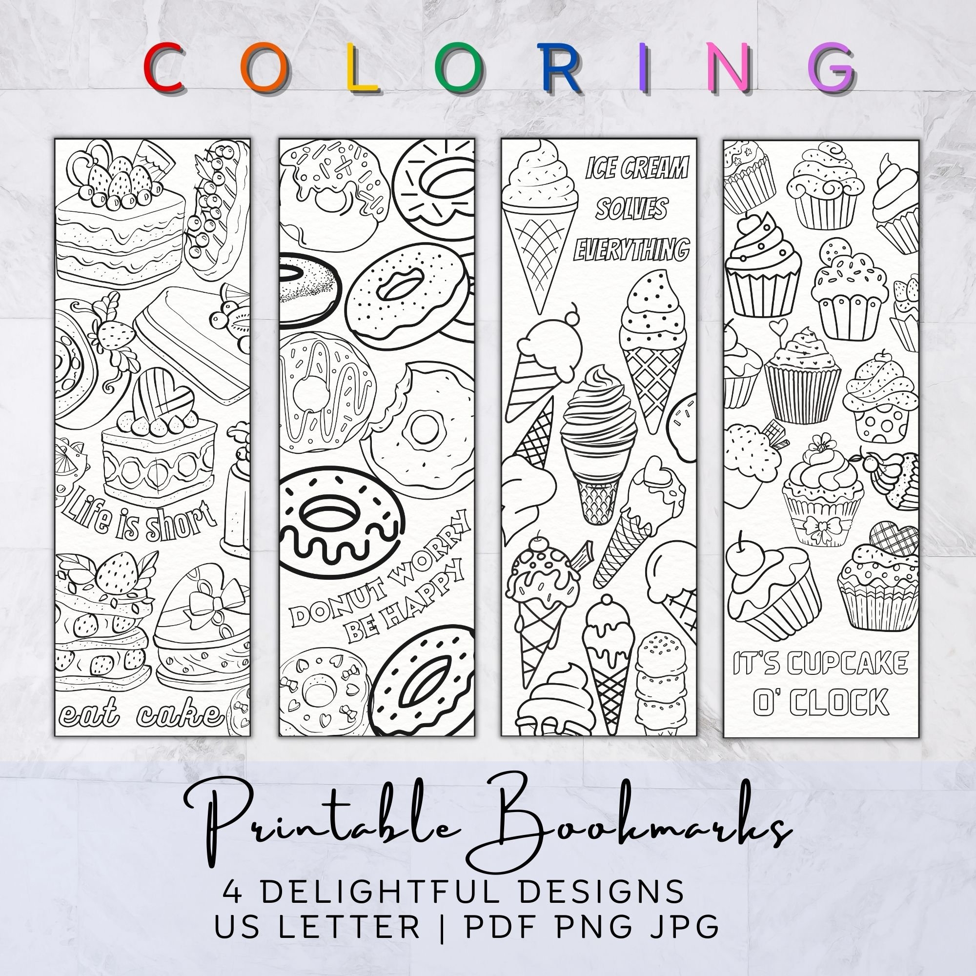 Printable Coloring Bookmarks Cute Dessert Coloring Pages Kids And Adult Bookmark Set Classroom Homeschool Activity Digital Download Etsy