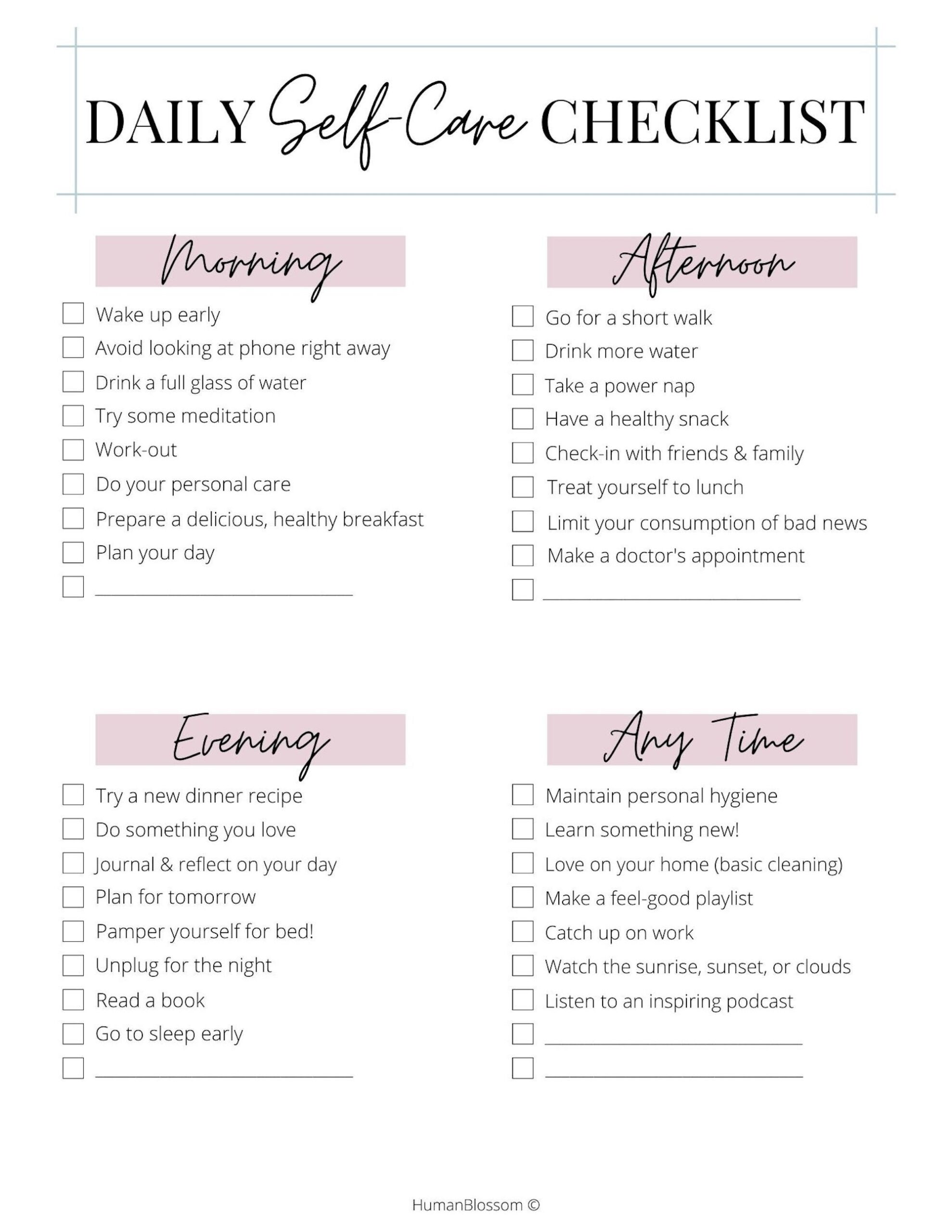 Printable Daily Self care Checklist Digital Download Etsy