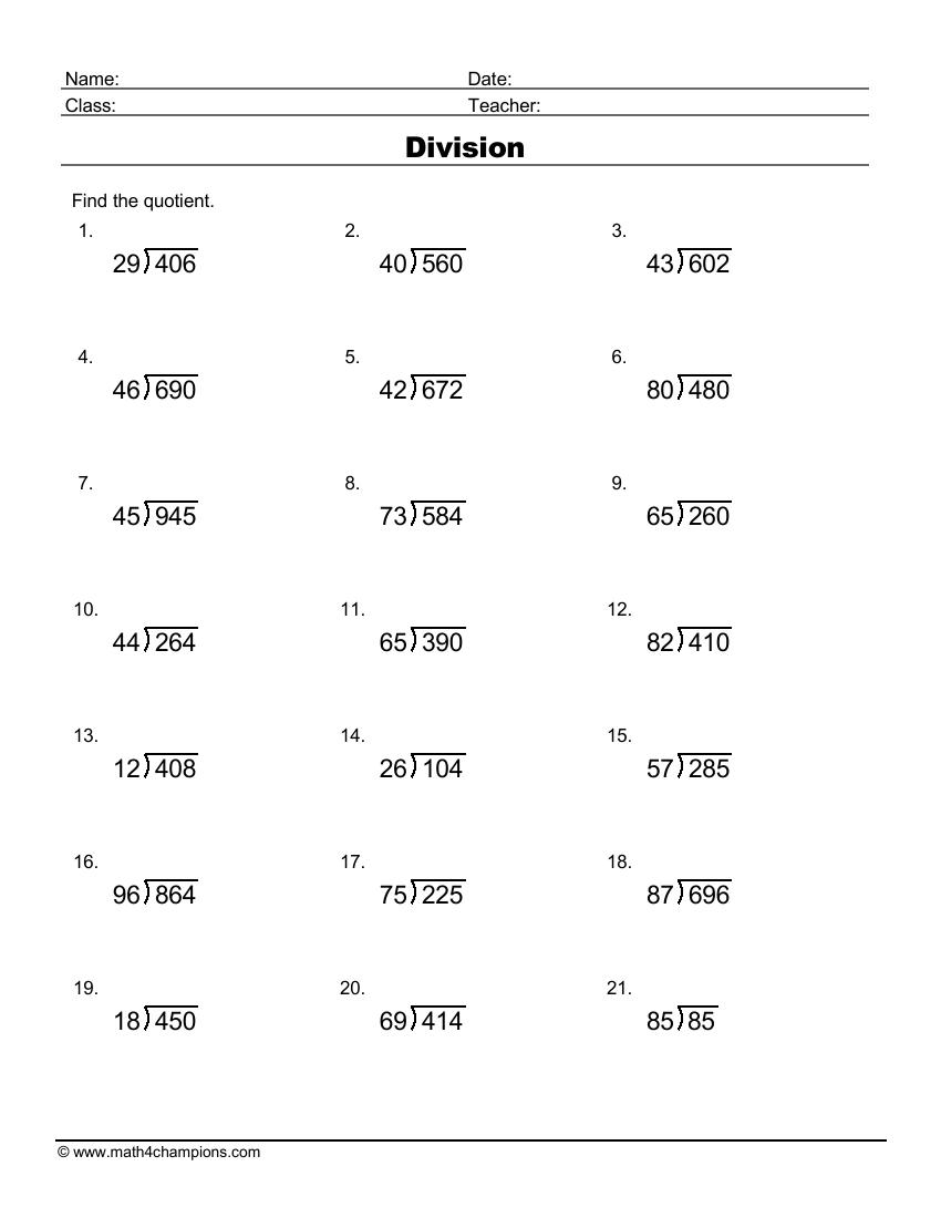 4th grade long division worksheets