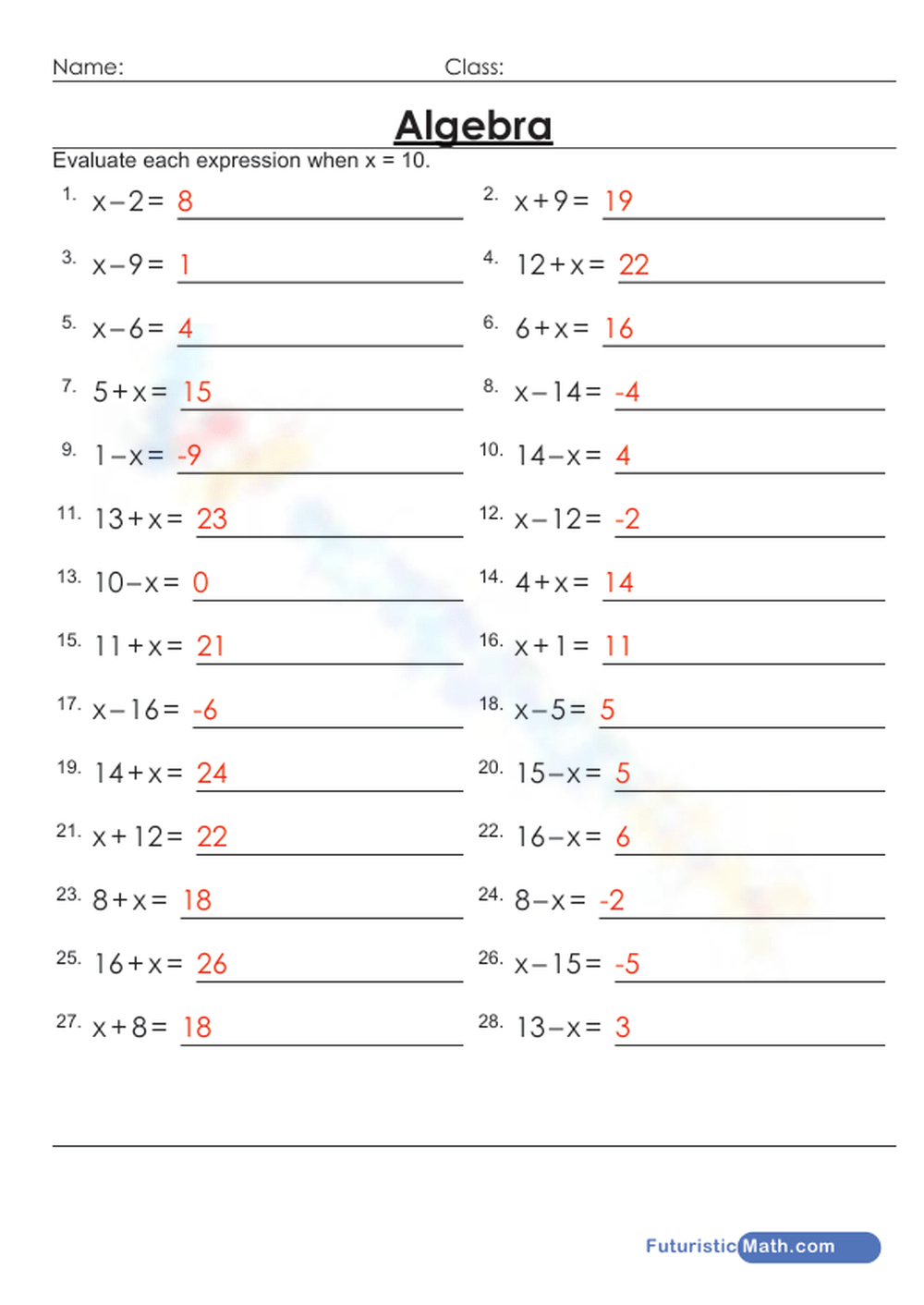 evaluating expressions worksheet pdf