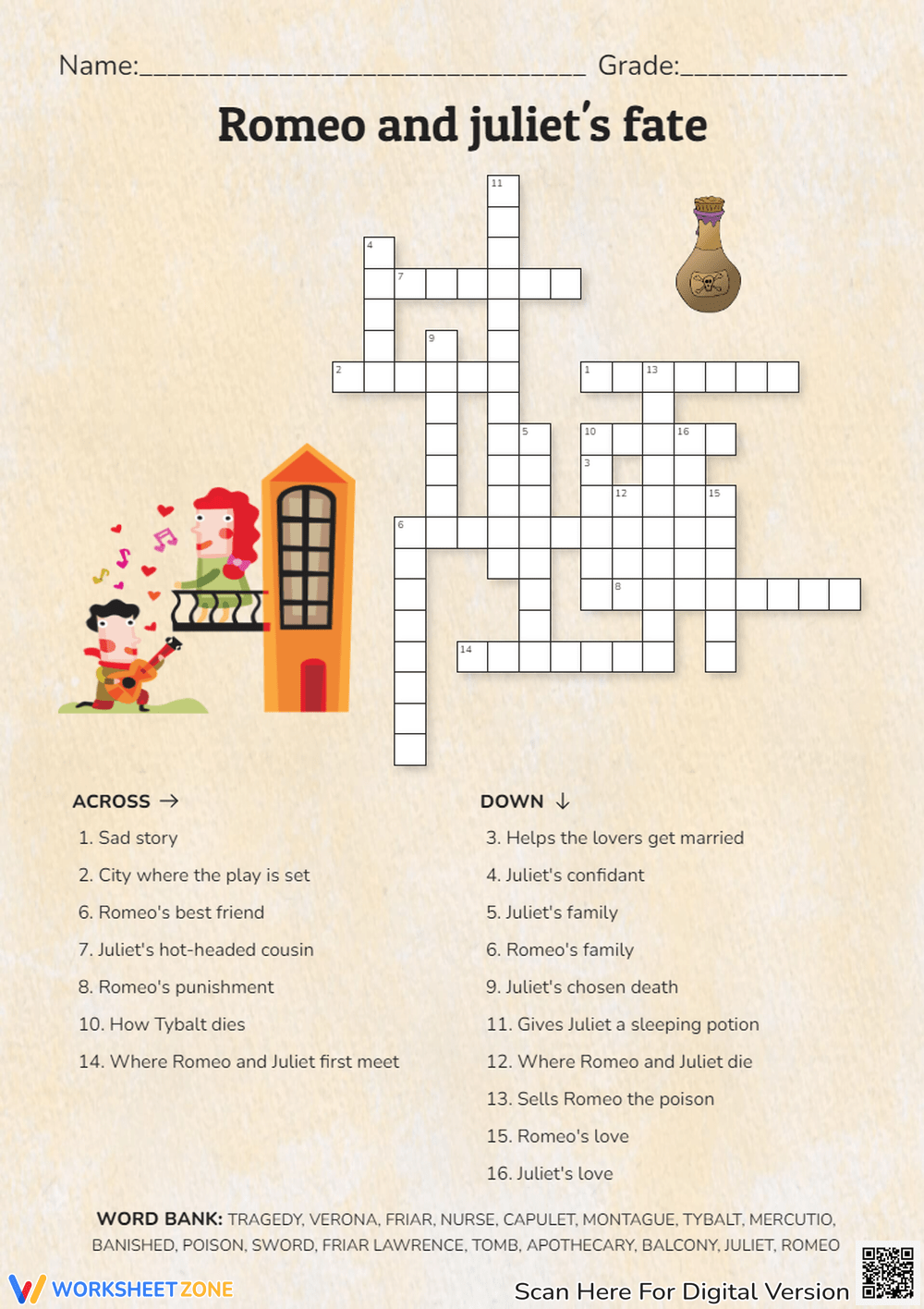Printable Grade 3 Romeo And Juliet Crossword Puzzle Worksheets Download
