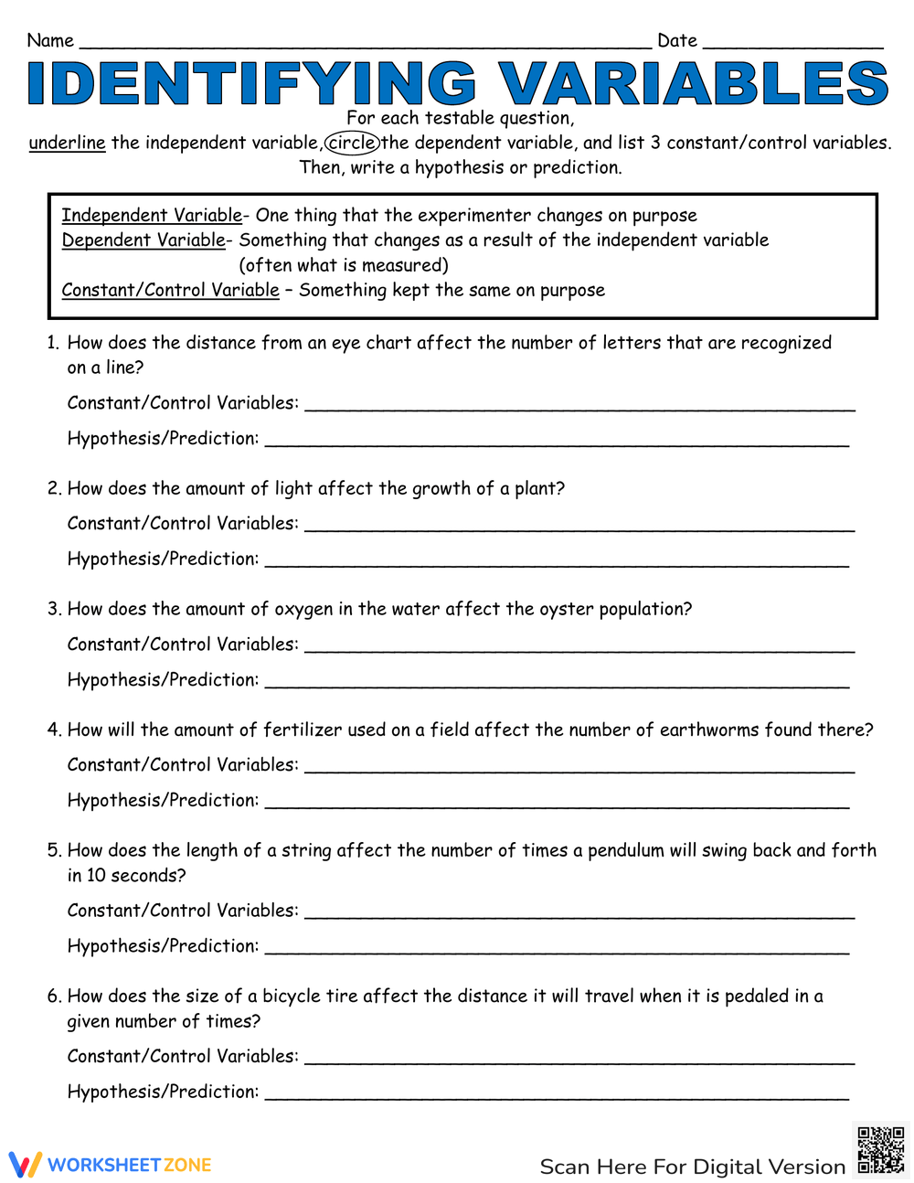 Printable Grade 6 Independent And Dependent Variables Worksheets