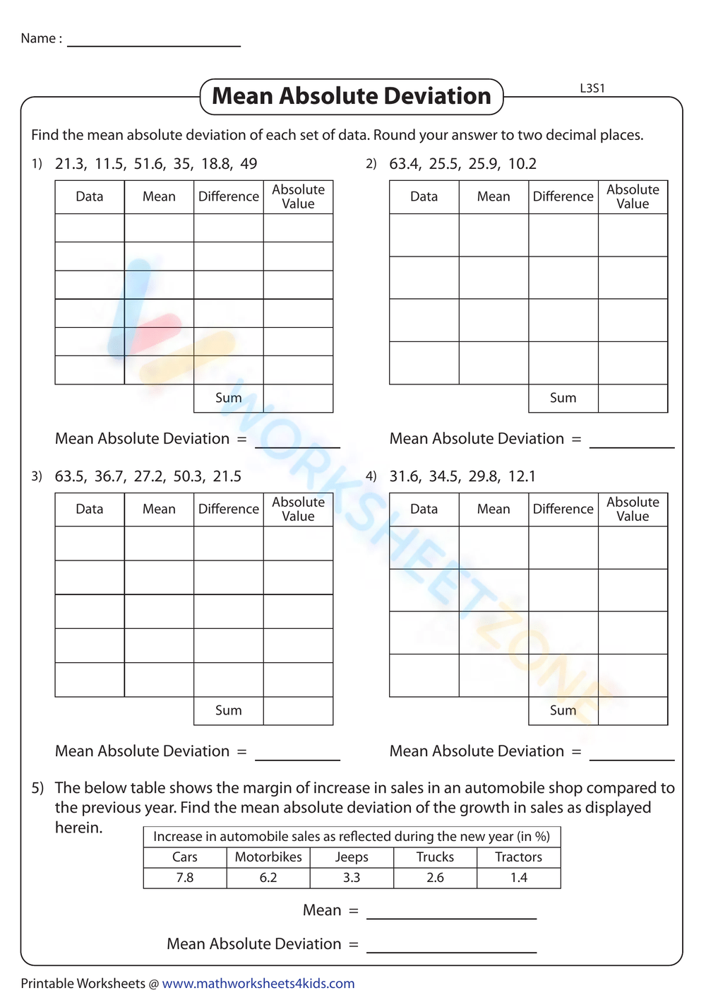 Printable Grade 6 Mean Absolute Deviation Worksheets Download