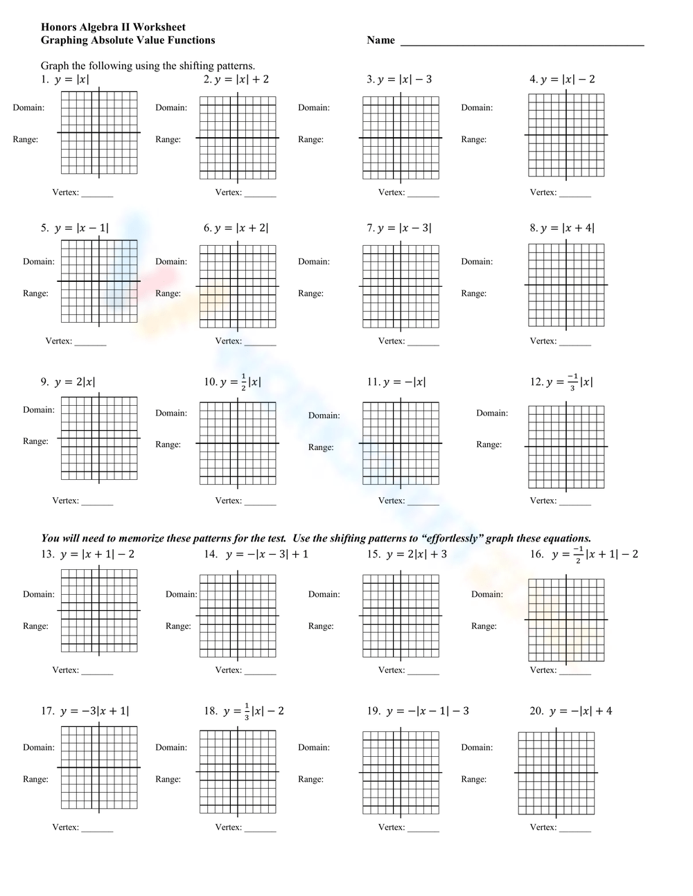 Printable Graphing Absolute Value Functions Worksheets Download