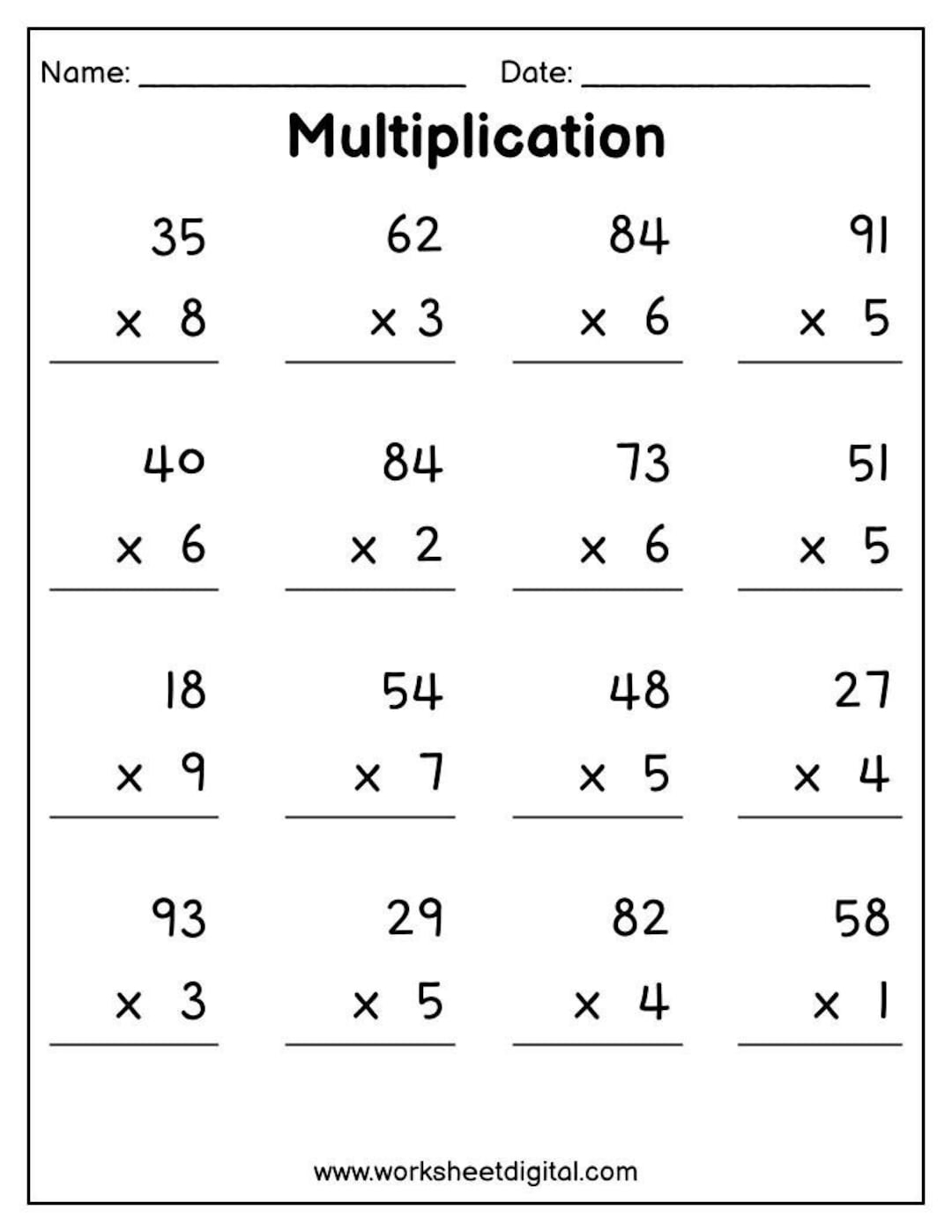Printable Multiplication Worksheets 2 Digit X 1 Digit PDF Etsy Israel