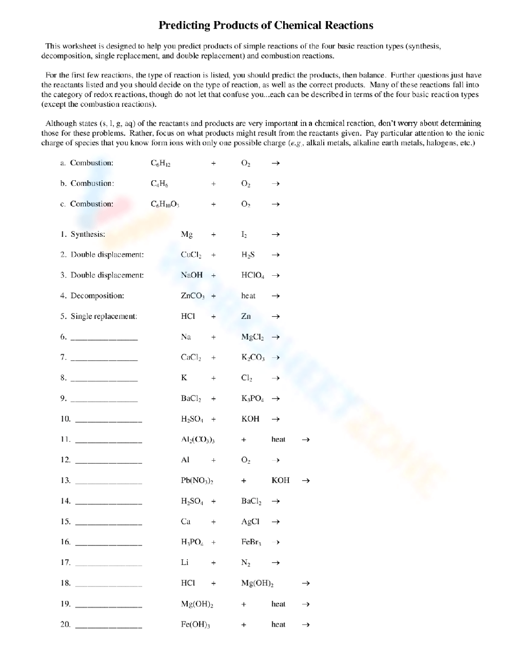 Printable Predicting Products Of Chemical Reactions Worksheets Printable Predicting Products Of Chemical Reactions Worksheets