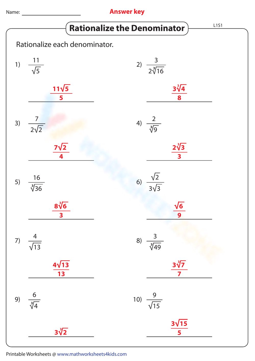 Printable Rationalizing The Denominator Worksheets Download