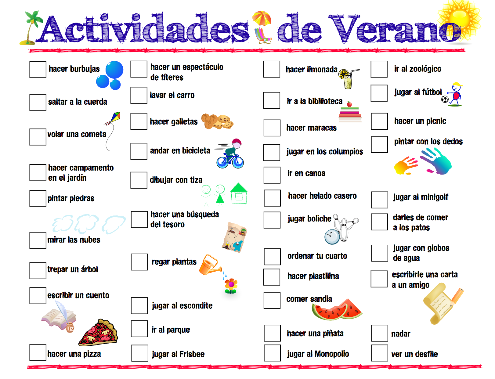 Printable Spanish Summer Activities List Spanish Playground