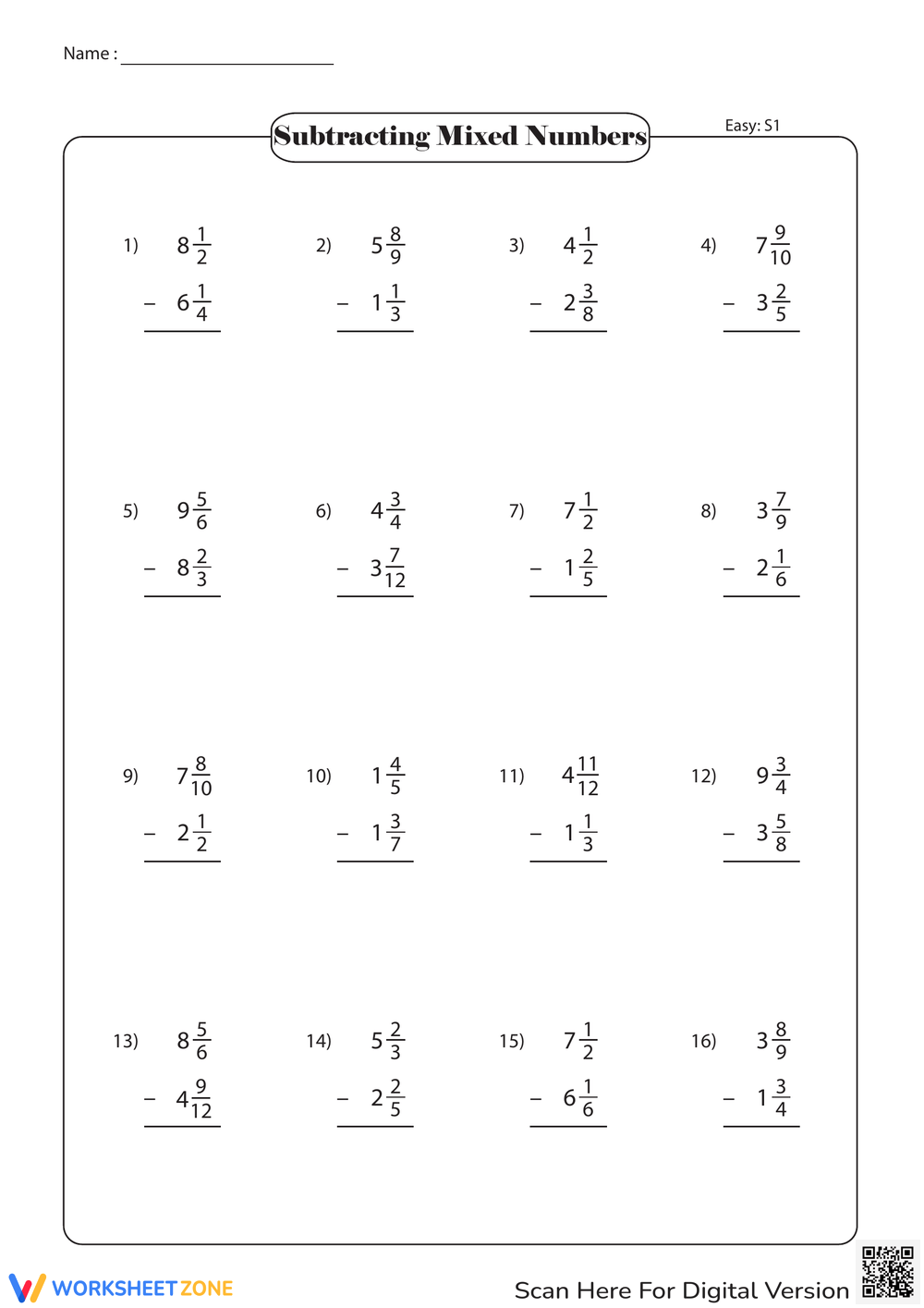 Printable Subtracting Mixed Numbers Worksheets