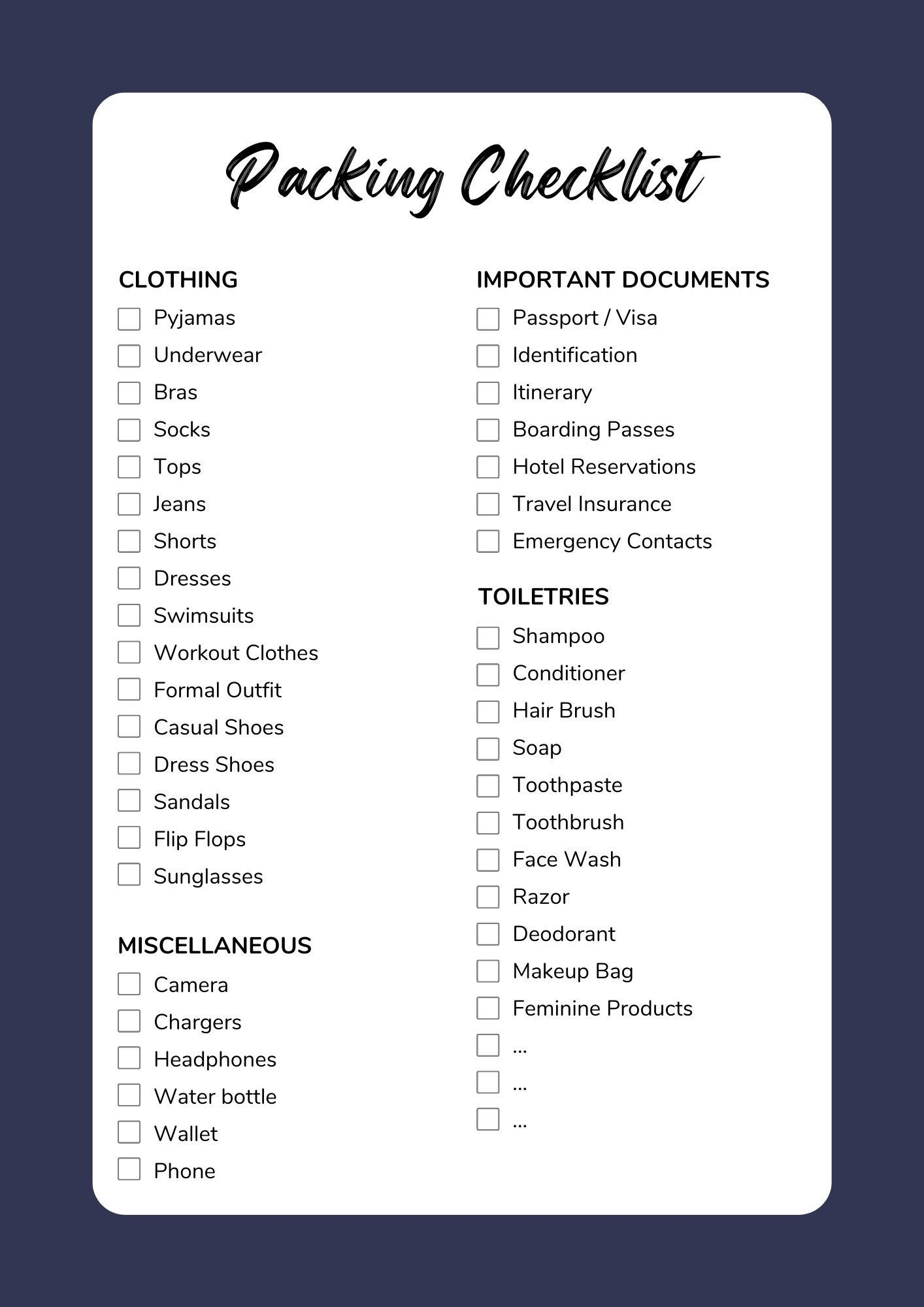 Printable Travel Checklist Printable Party Favors