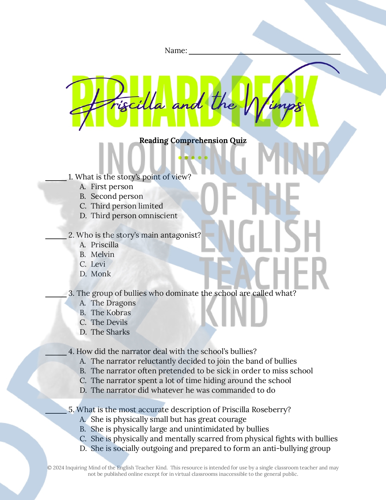 Priscilla And The Wimps By Richard Peck Quiz And Answer Key Classful Priscilla And The Wimps By Richard Peck Quiz And Answer Key Classful