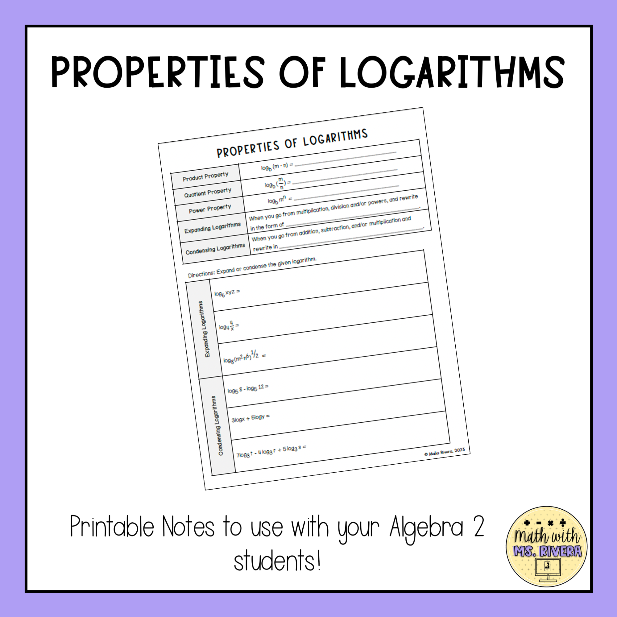 worksheet on properties of logarithms