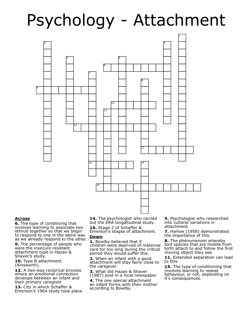 Psychology Attachment Crossword WordMint