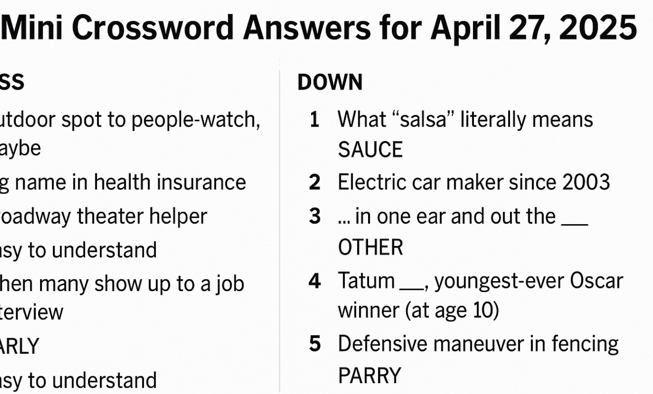 Quickly Have NYT Mini Crossword Answers For April 27 2025 H2S Media