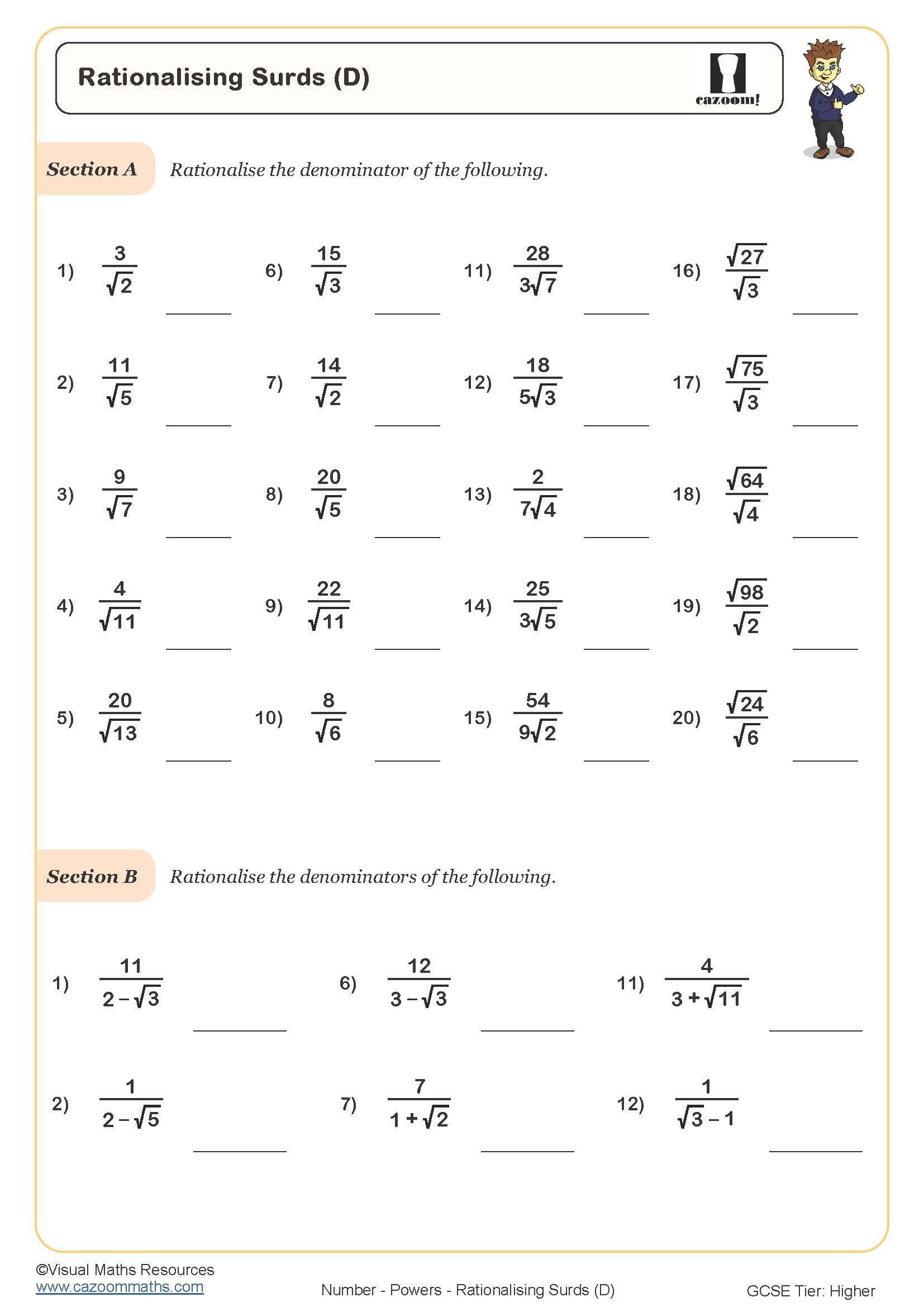 Rationalising Surds D Worksheet Printable Maths Worksheets