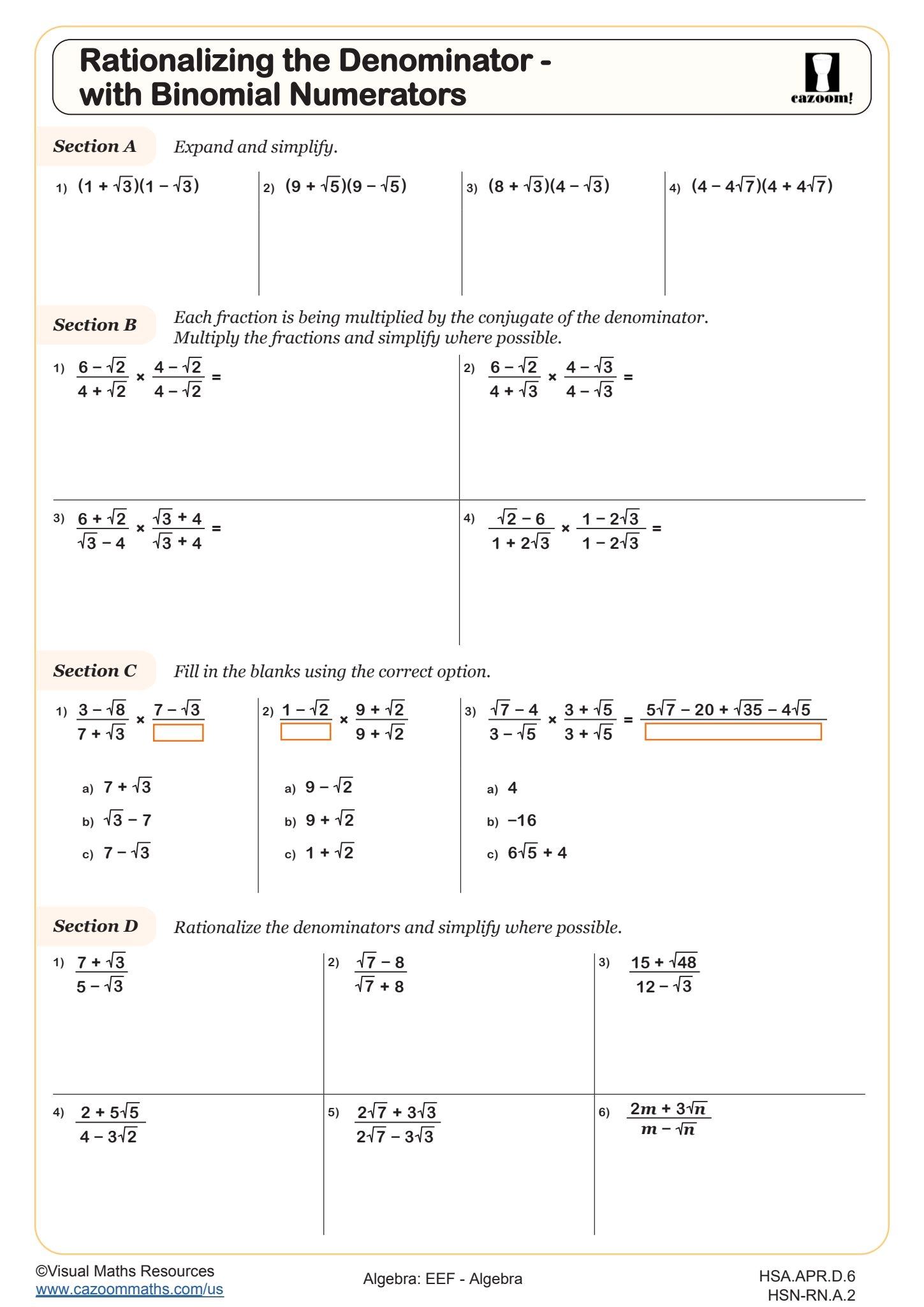 Rationalizing The Denominator With Binomial Numerators Worksheet Fun And Engaging High School Algebra Worksheet Cazoom Math