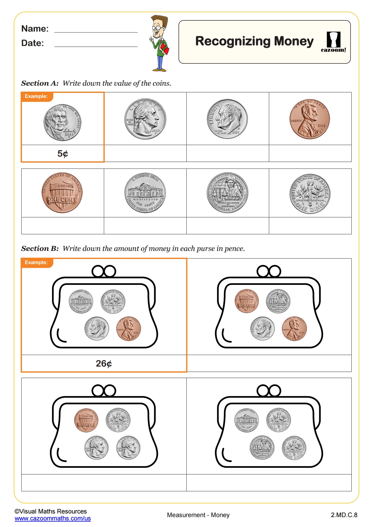 Recognising Money A PDF Printable Measurement And Data Worksheets Cazoom Math