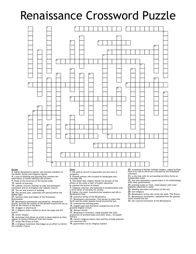 Renaissance Crossword Puzzle WordMint