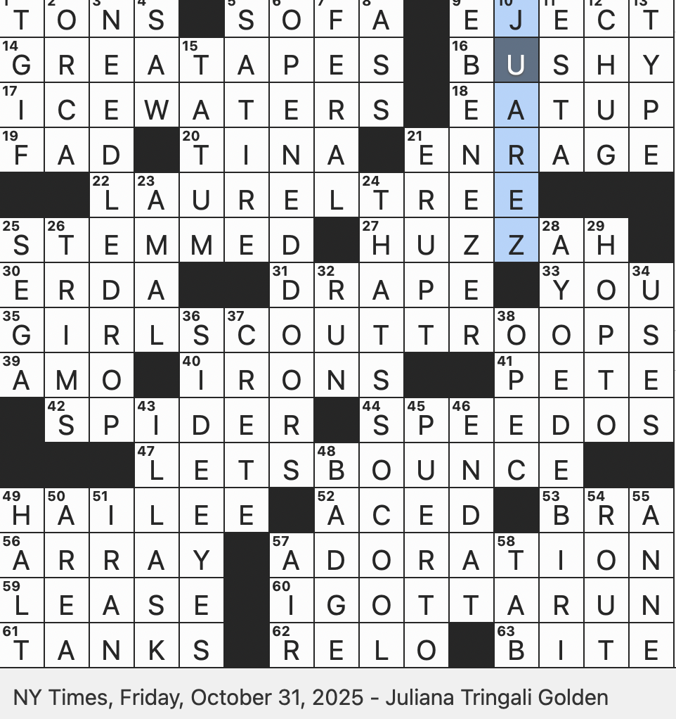 Rex Parker Does The NYT Crossword Puzzle Earth Goddess In Das Rheingold FRI 10 31 25 Cookie Marketing Units Yosemite Sam s Role In Bugs Bunny s Christmas Carol Opposite Of The