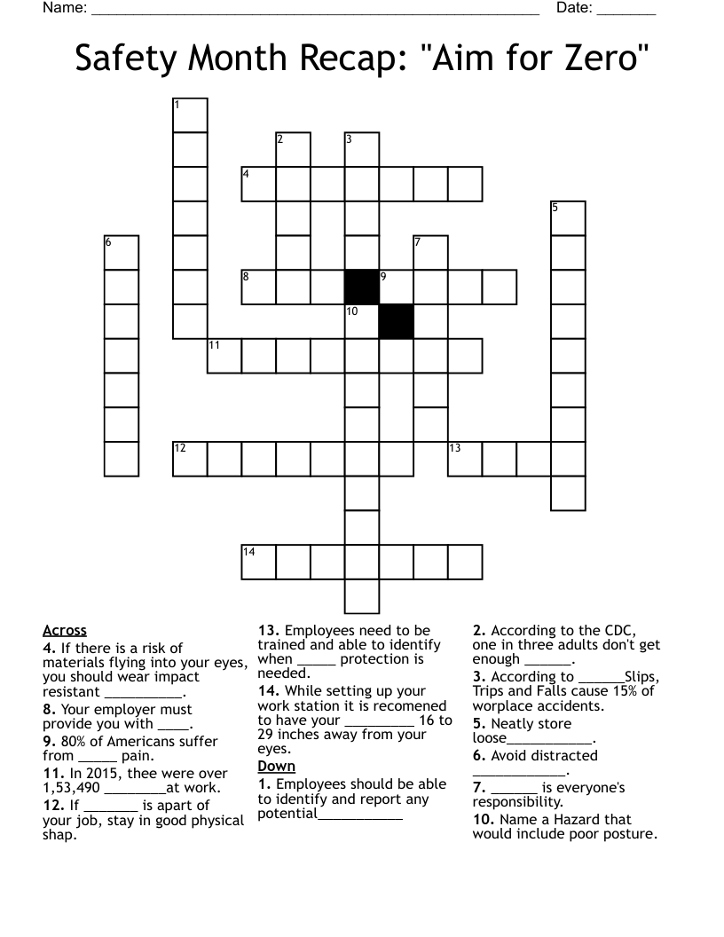 Safety Month Recap Aim For Zero Crossword WordMint
